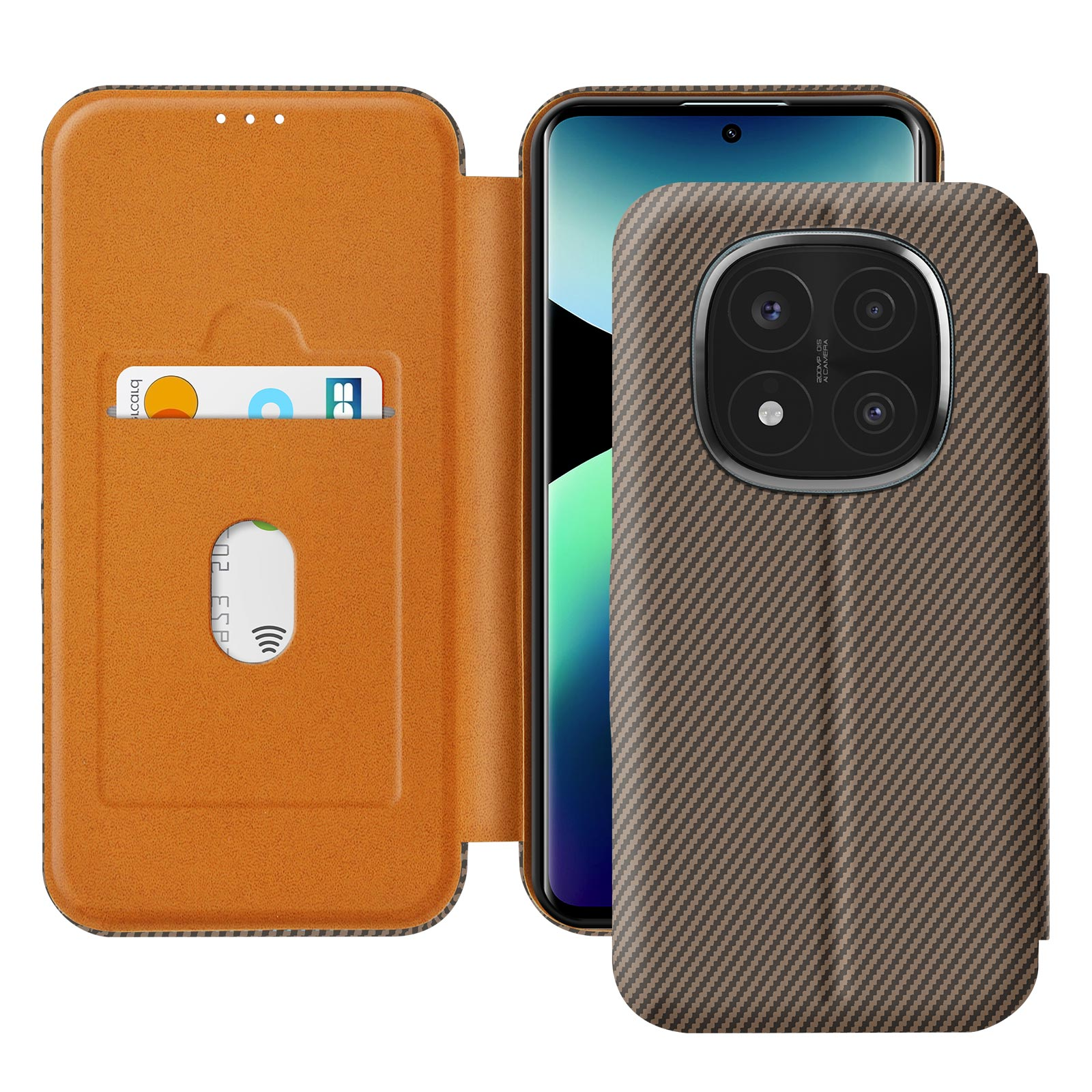 Custodia a portafoglio marrone per telefono, con slot per carte e telefono.
