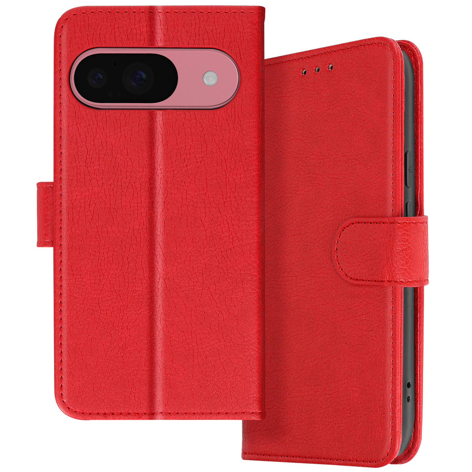 Custodia rossa per telefono con foro per fotocamera. La custodia è aperta, rivelando i dettagli del telefono.