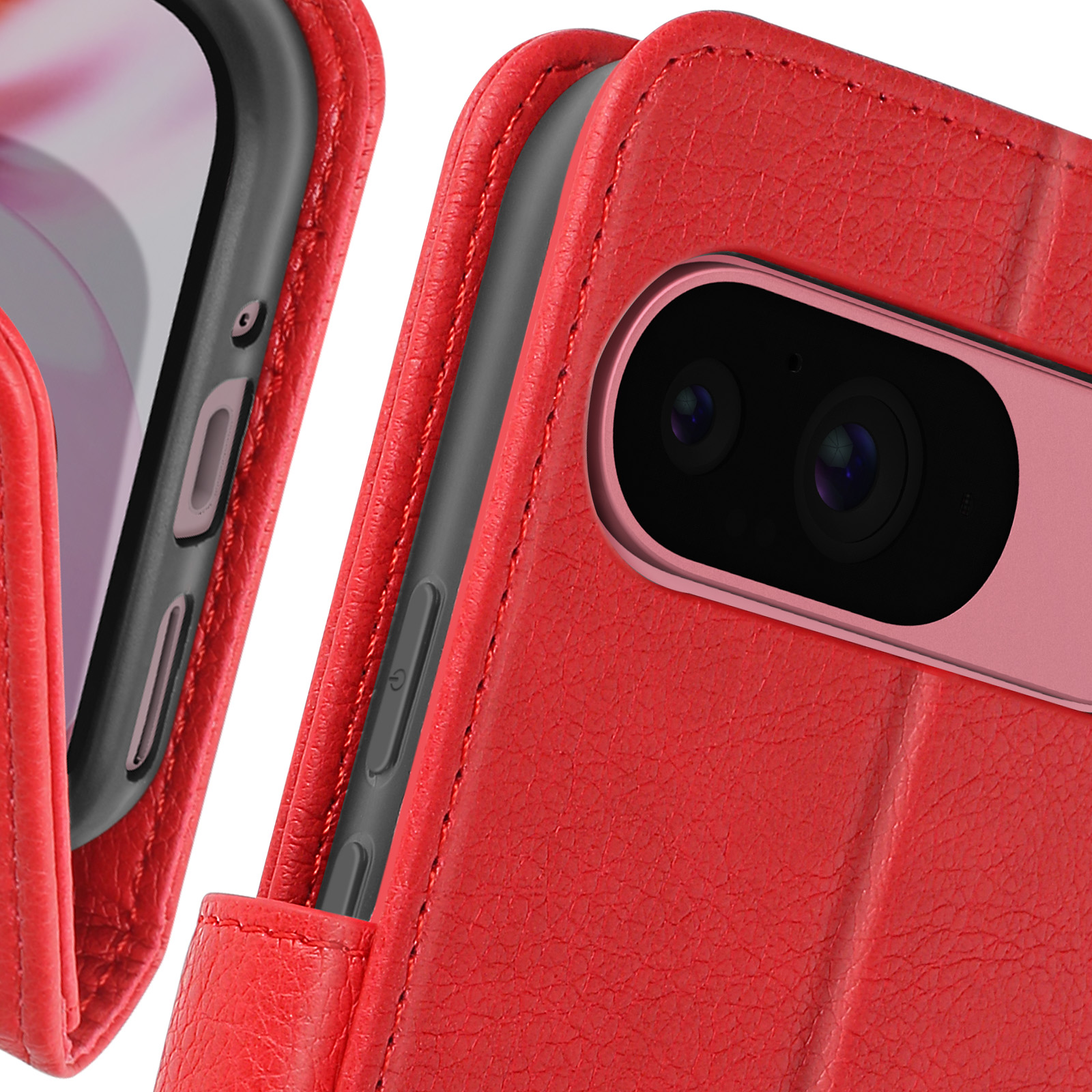 Primo piano di una custodia rossa per telefono. Il telefono e i pulsanti sono visibili. La custodia è aperta.