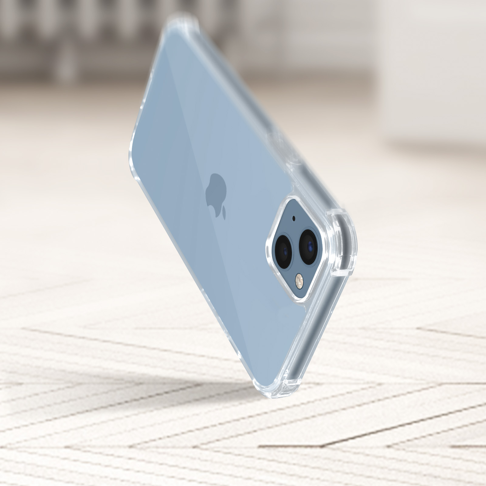 Custodia per telefono. Una custodia per telefono con un telefono all'interno, su una superficie di legno chiaro.