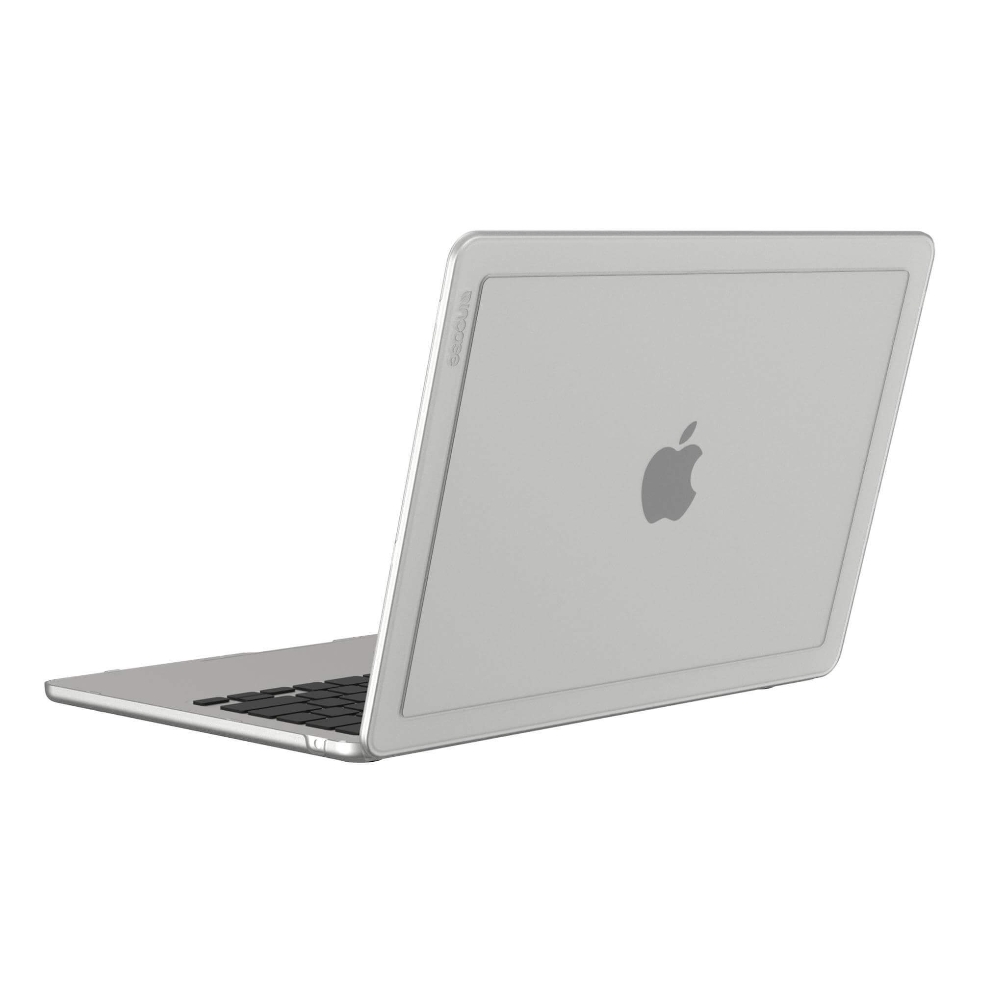 Un laptop con retro e logo Apple, in una custodia grigio chiaro. La tastiera non è visibile.