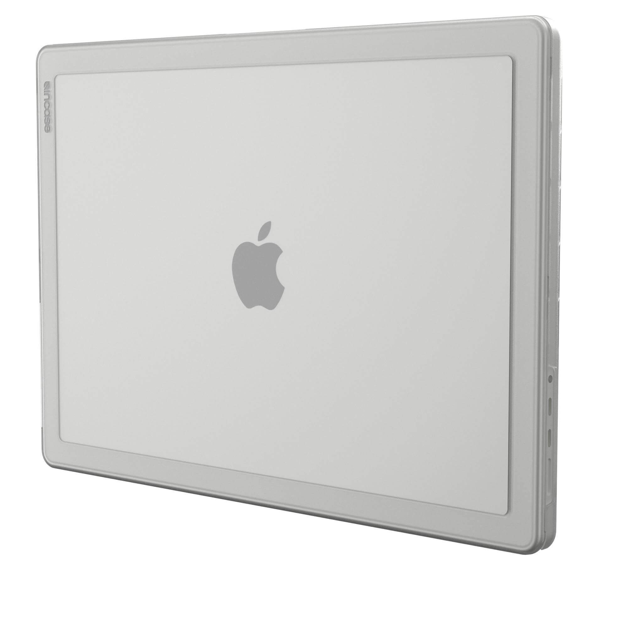 Un laptop grigio chiaro in una custodia grigio chiaro con il logo Apple sul retro. Il laptop è chiuso.