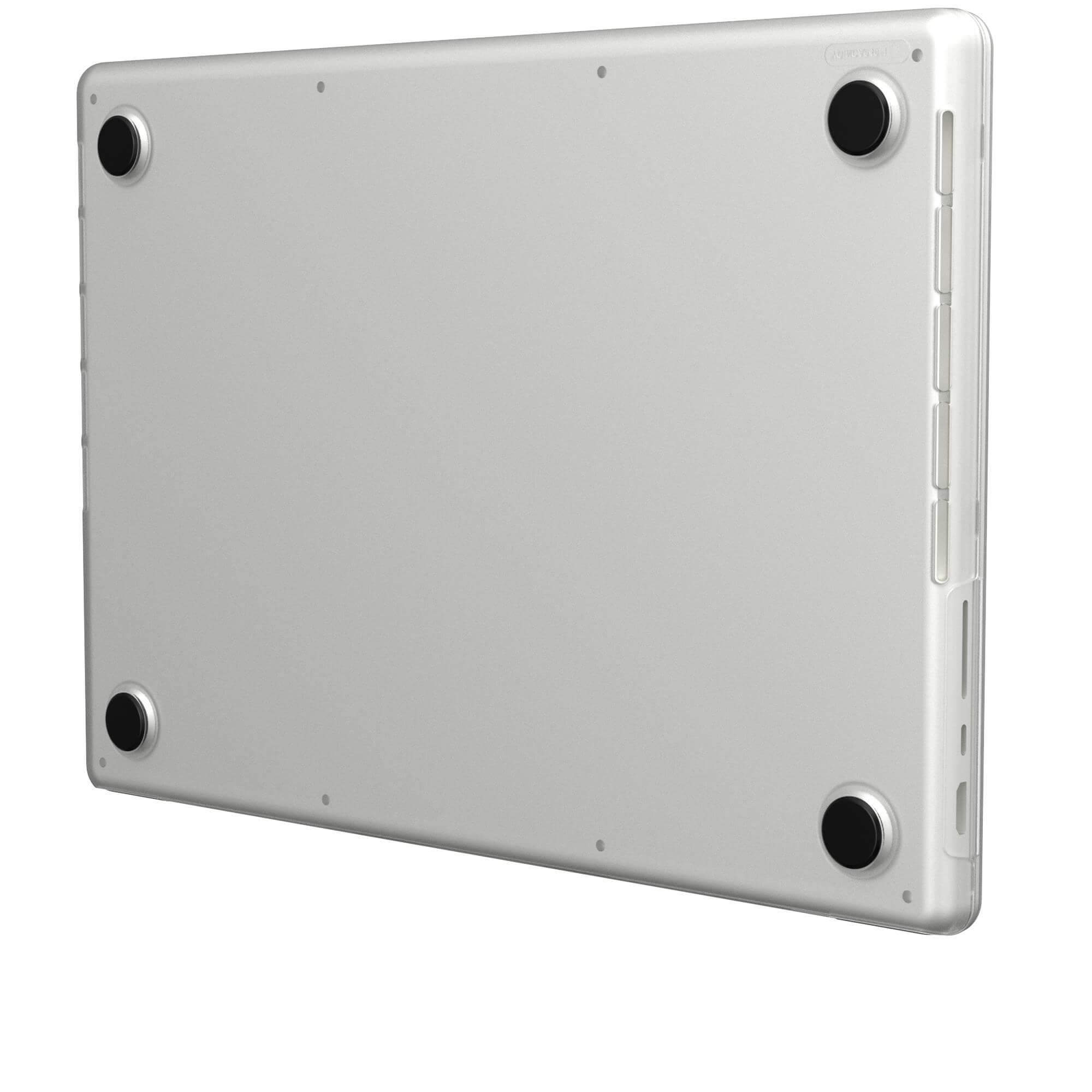 Custodia per laptop. Parte inferiore di un laptop in una custodia, con piedini neri.