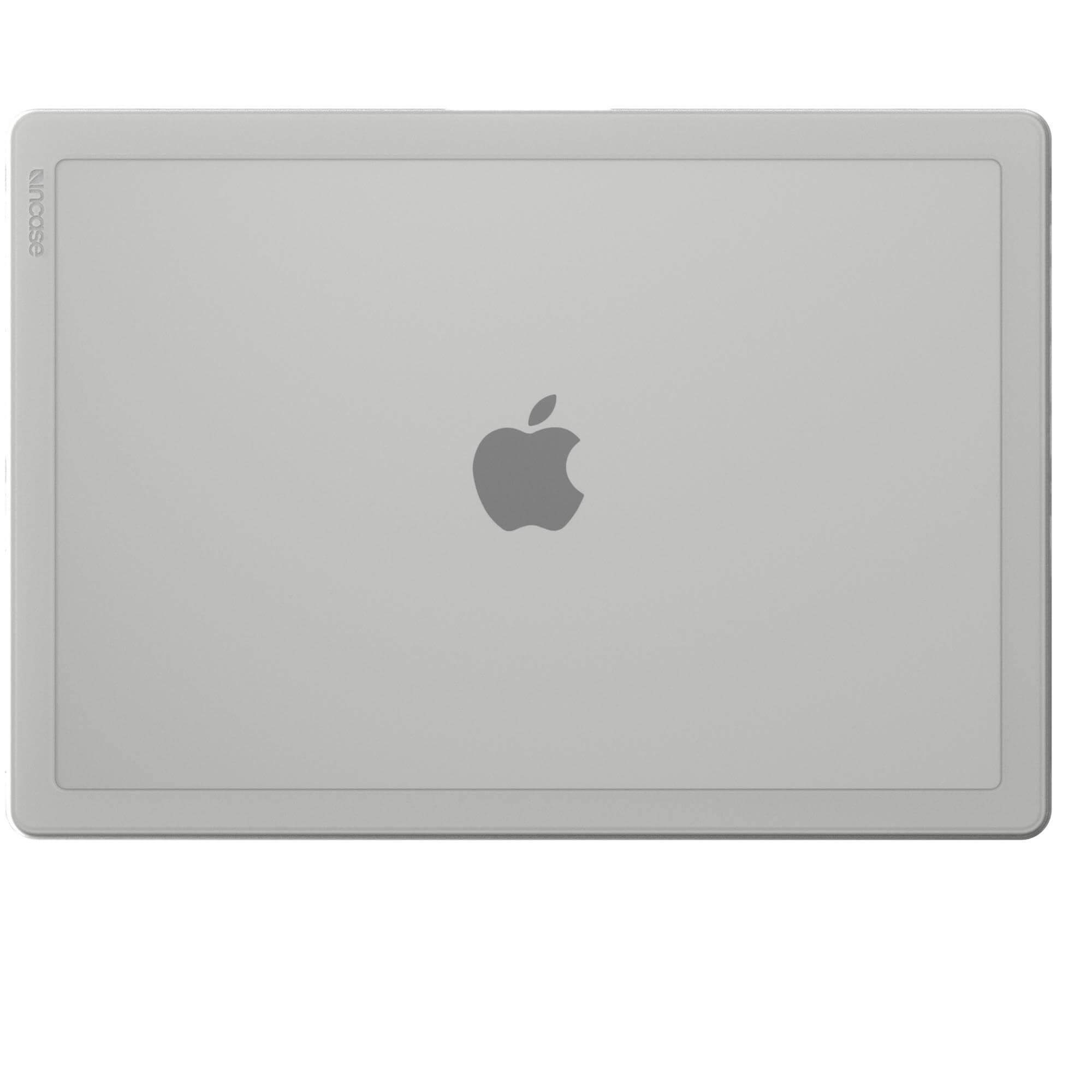 Un laptop grigio chiaro con logo Apple è visto dall'alto. Il laptop è in una custodia grigio chiaro.