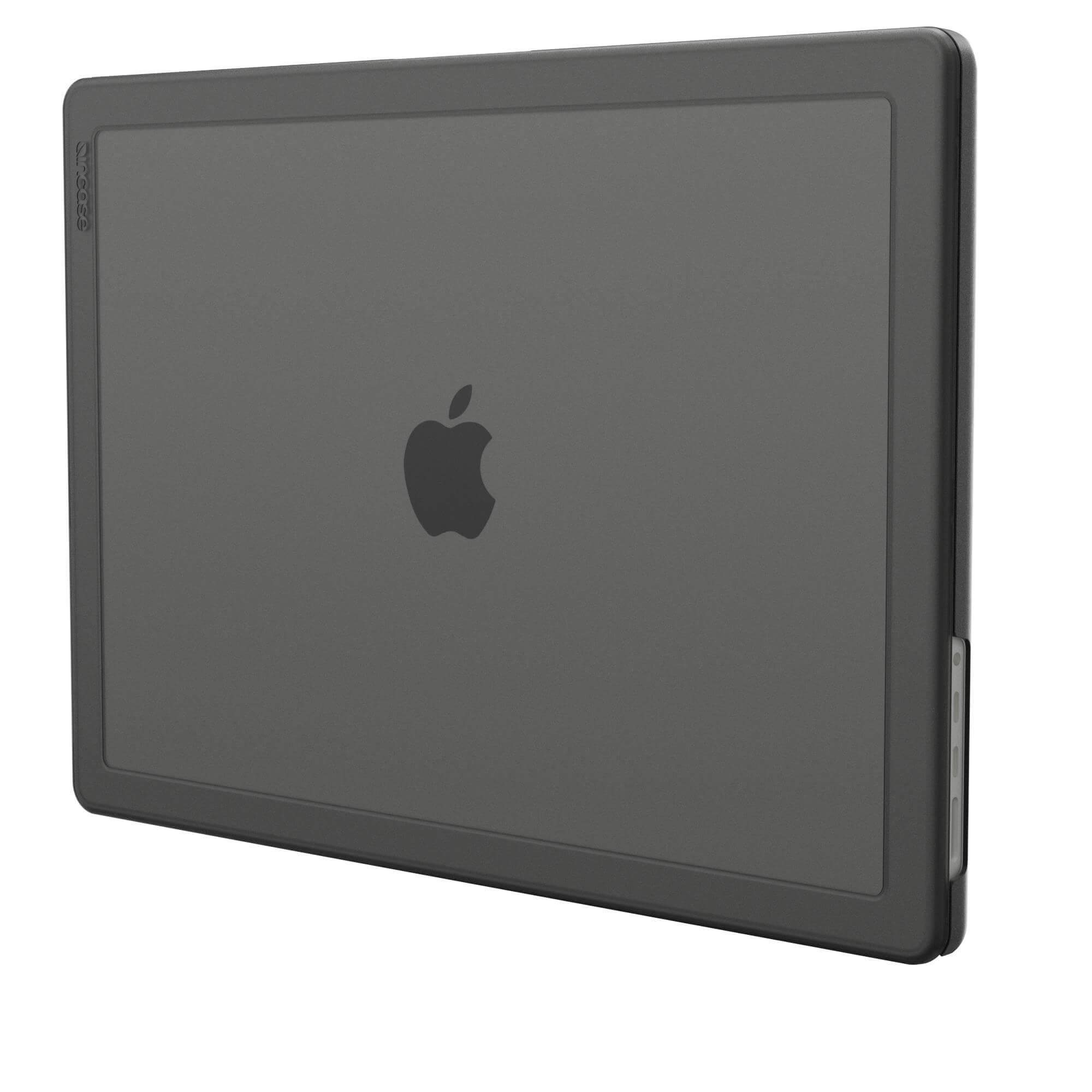 Laptop in una custodia grigio scuro. Il logo Apple è centrato.