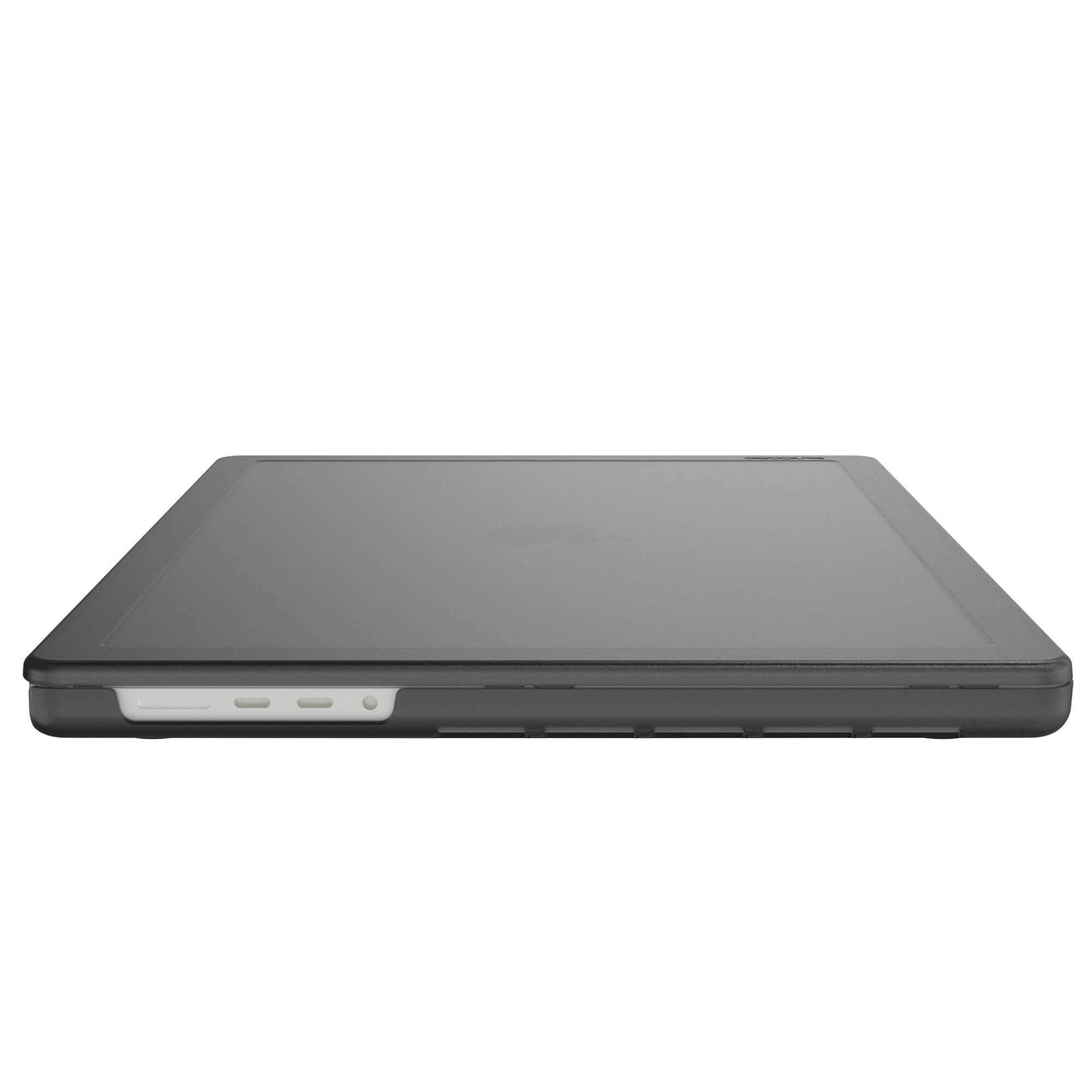 Laptop in una custodia, che mostra il lato con porte e pulsanti.