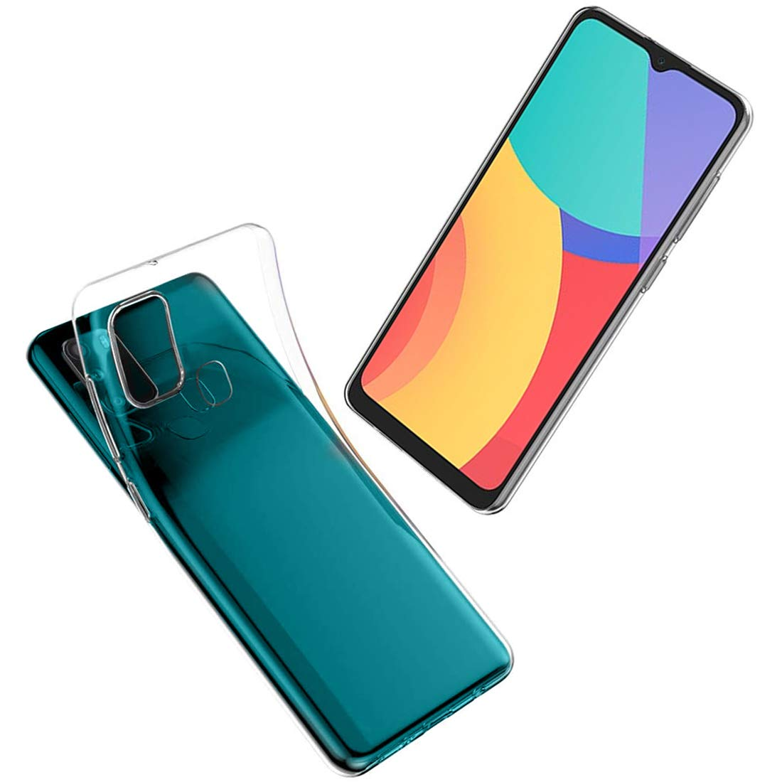 Un telefono con schermo colorato e una custodia accanto.