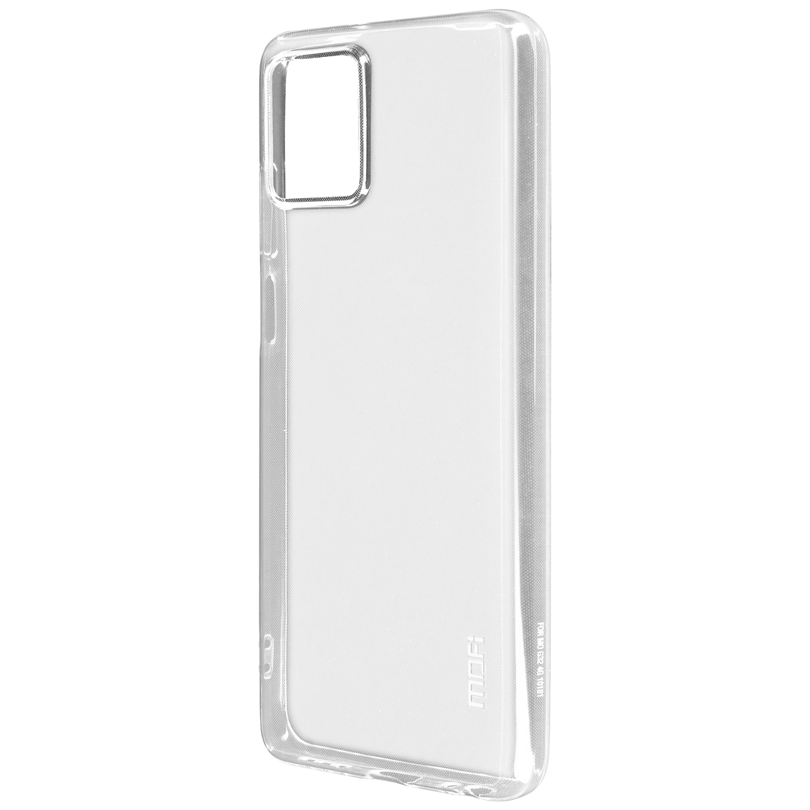 Una custodia trasparente per telefono. La custodia è trasparente con un ritaglio per la fotocamera.