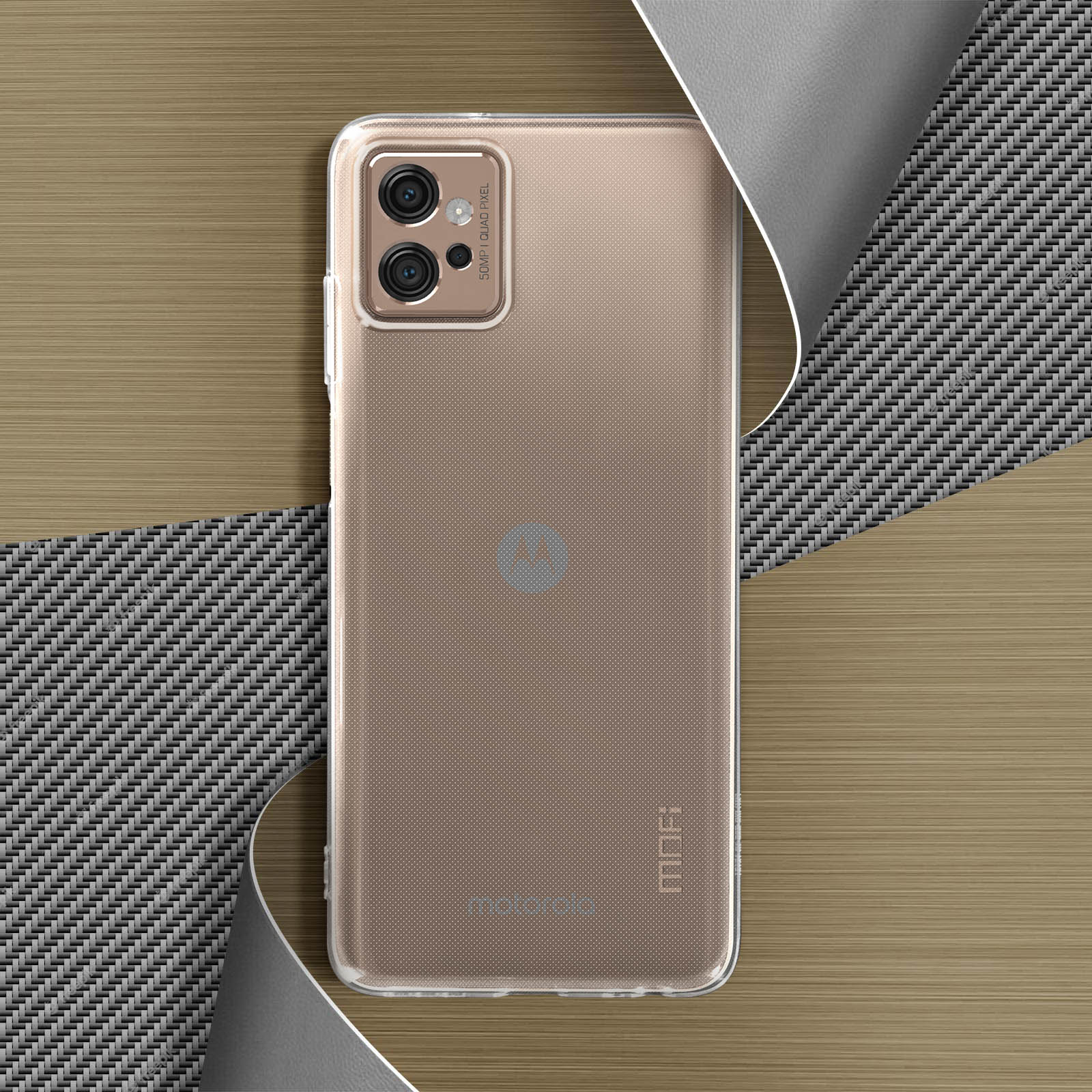 Un telefono in una custodia trasparente. Il telefono ha un modulo fotocamera.
