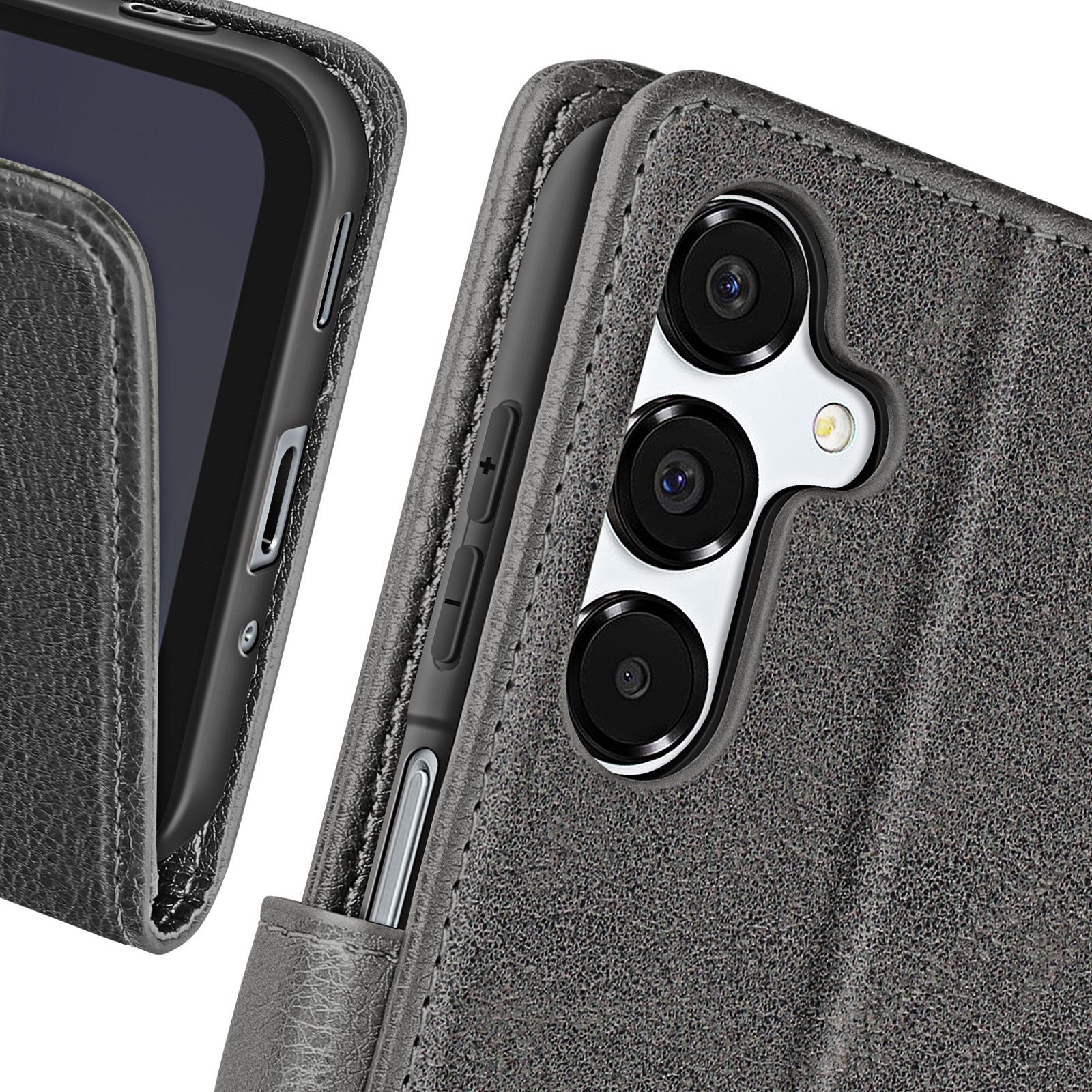 Primo piano di un telefono con custodia. Il modulo fotocamera è visibile.