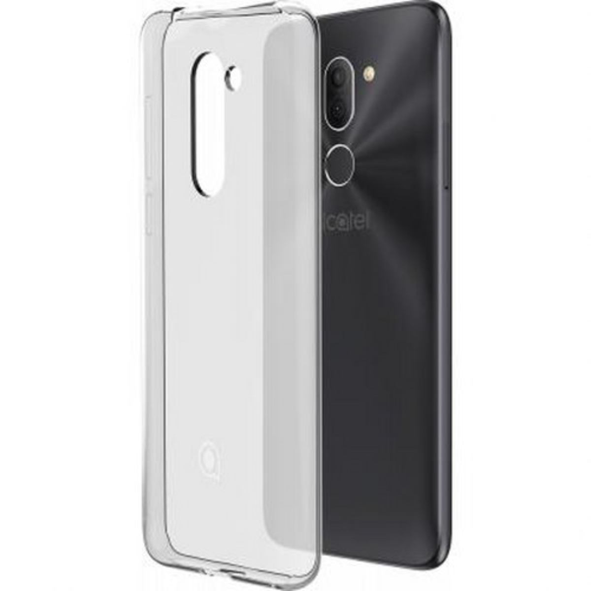 Custodia trasparente per telefono accanto a un telefono nero. La custodia ha un foro per la fotocamera.
