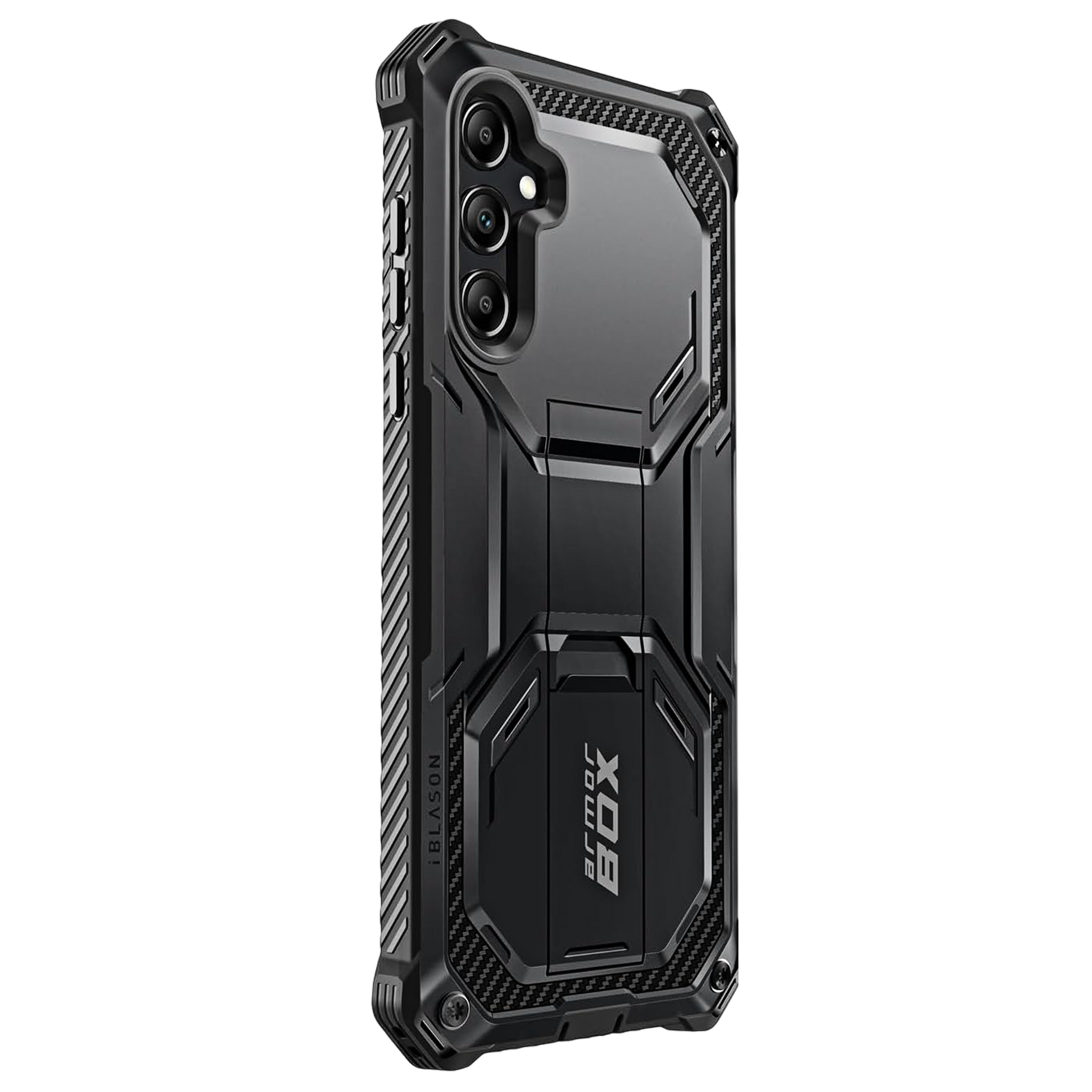 Custodia per telefono nera con un design robusto. La custodia è nera e ha la scritta Armor Box.