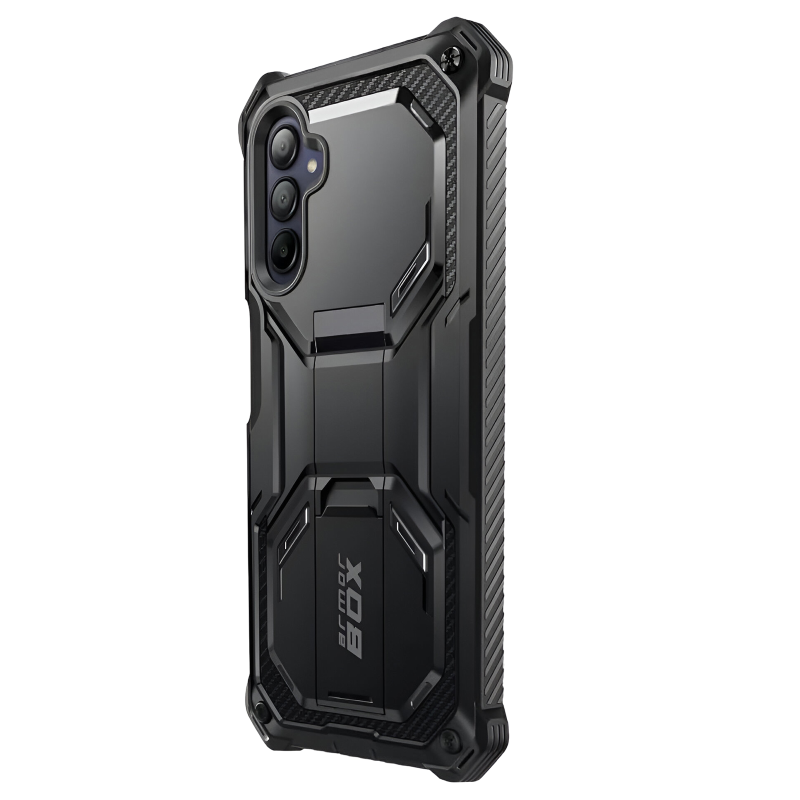 Custodia nera per telefono con design robusto, fotocamera e la parola 'armor box'.