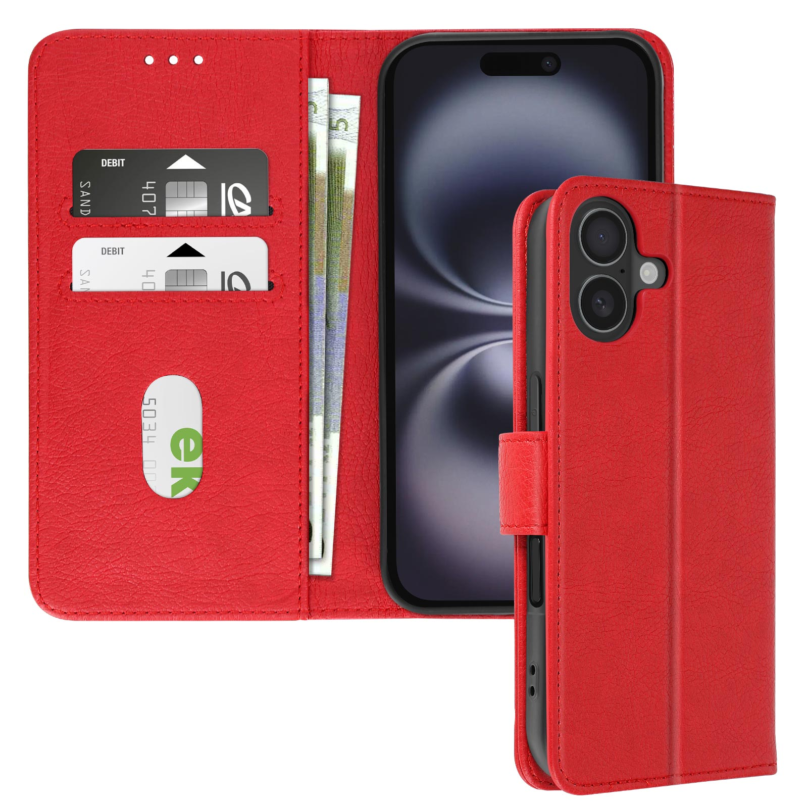Portafoglio rosso per telefono con carte, denaro e un telefono. Il telefono è nero.