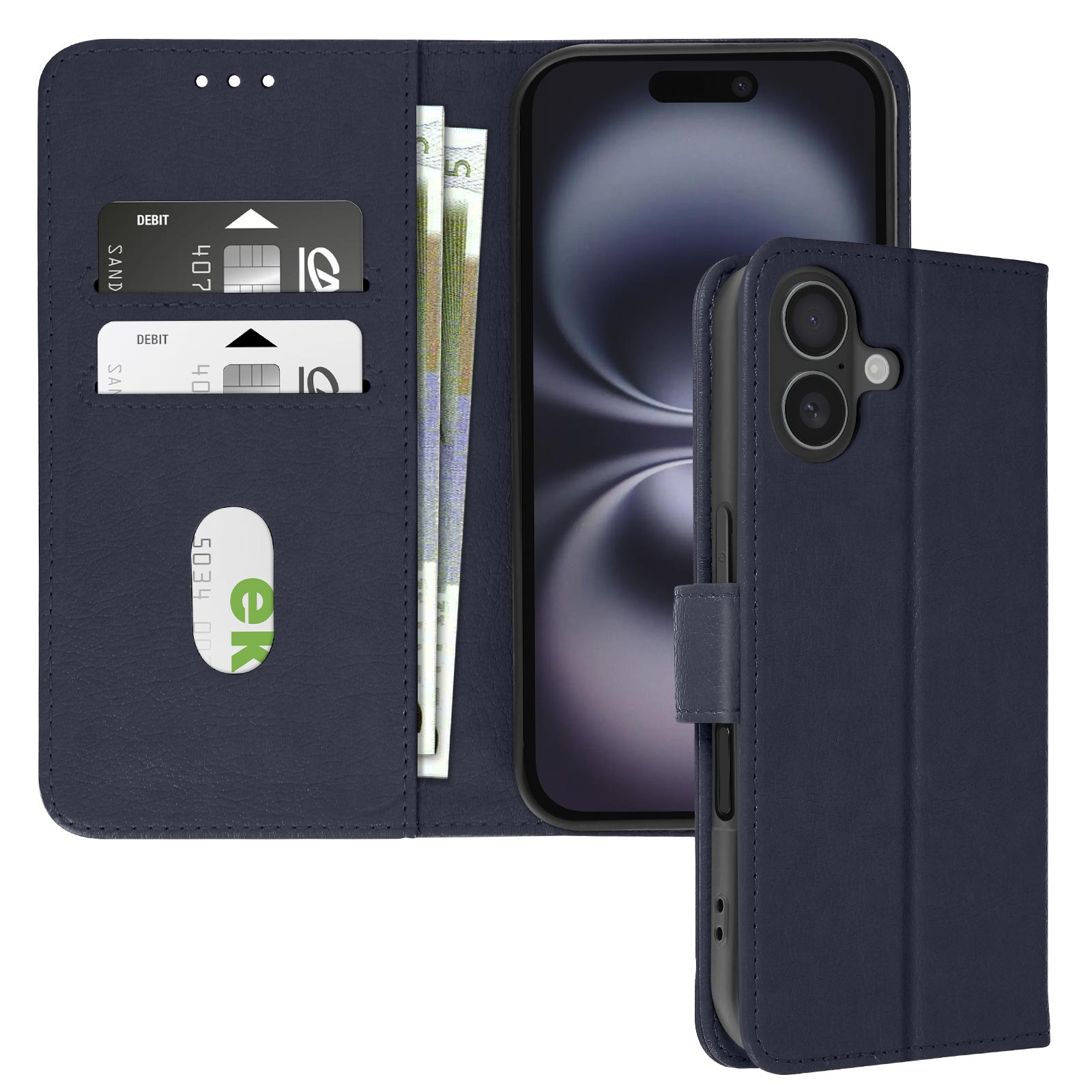 Custodia per telefono in pelle blu con telefono, carte e contanti. Stile portafoglio.