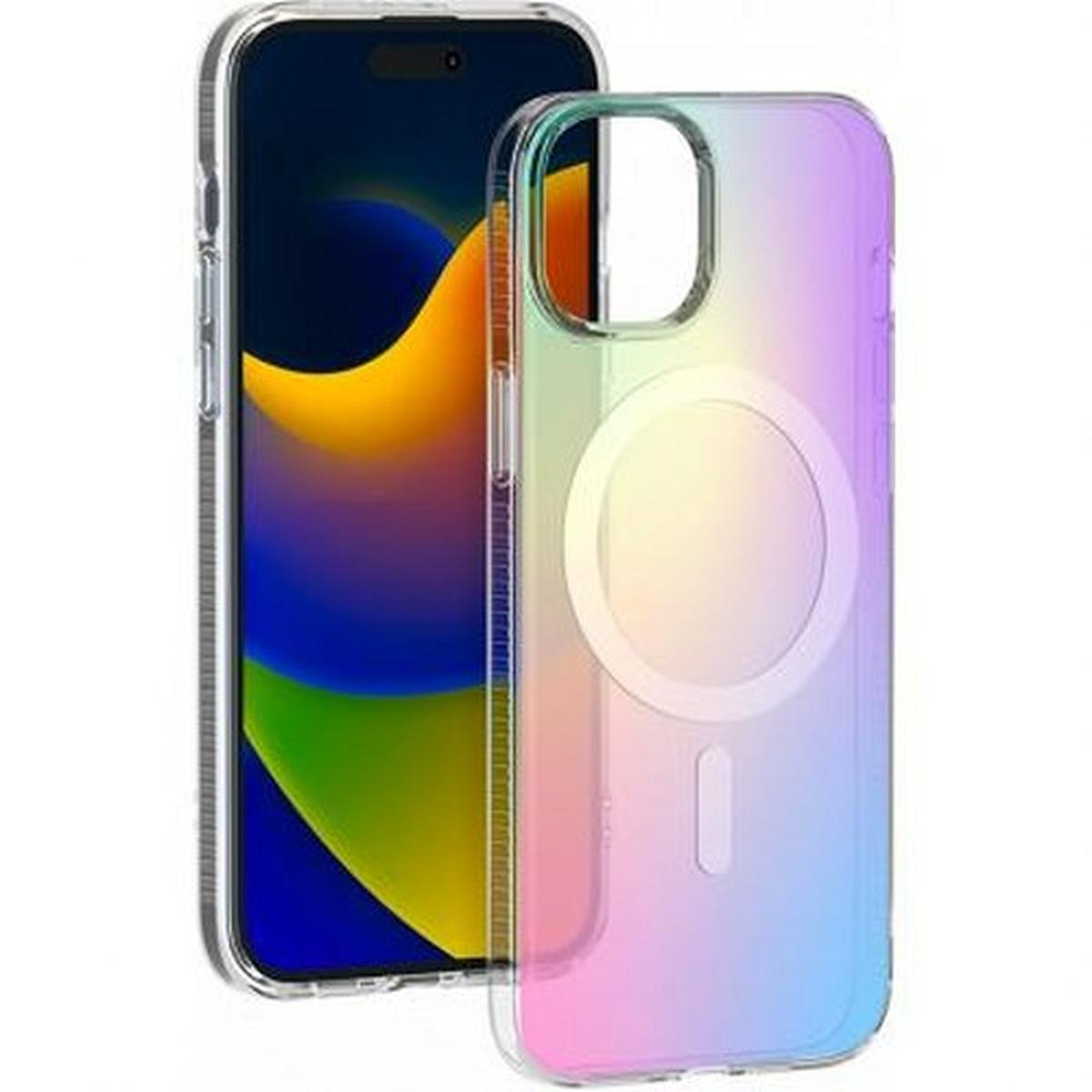 Custodia trasparente per telefono con gradiente colorato. Telefono all'interno.