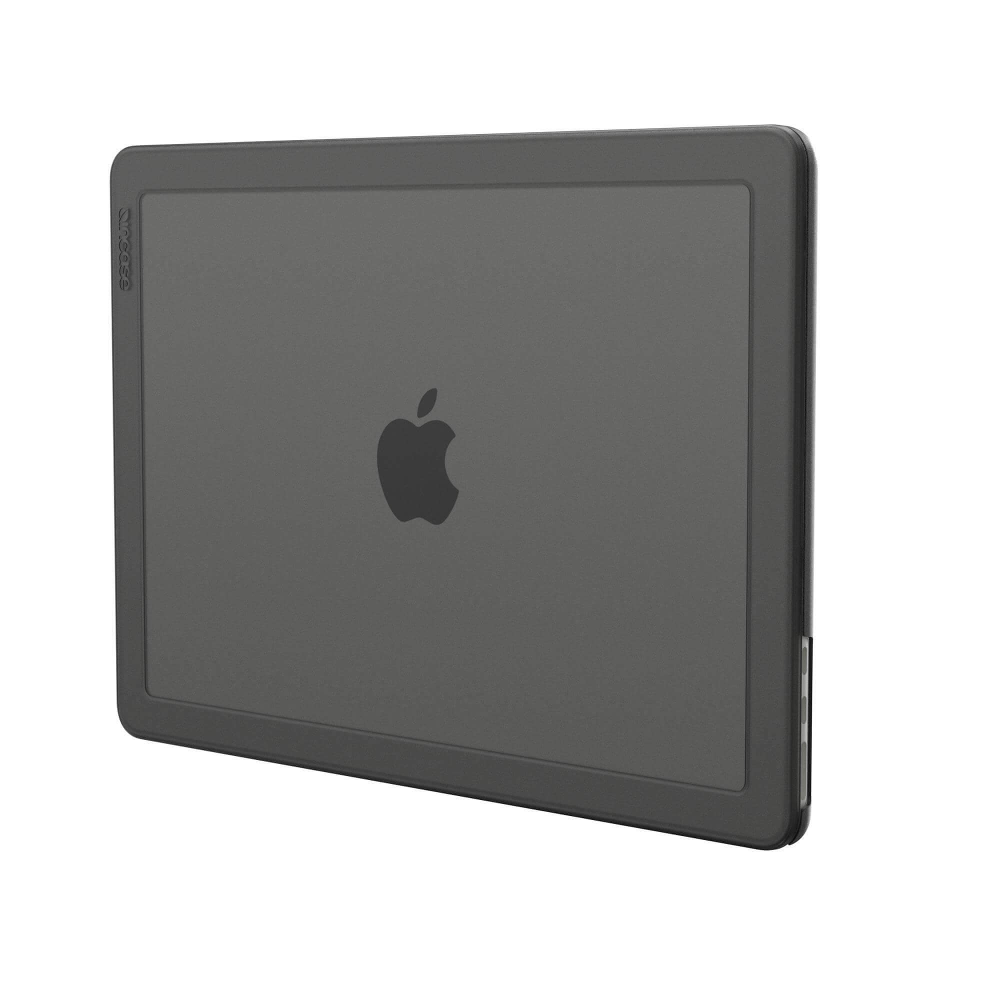 Eine dunkelgraue Laptop-Hülle mit dem Apple-Logo. Die Hülle ist geschlossen und elegant.
