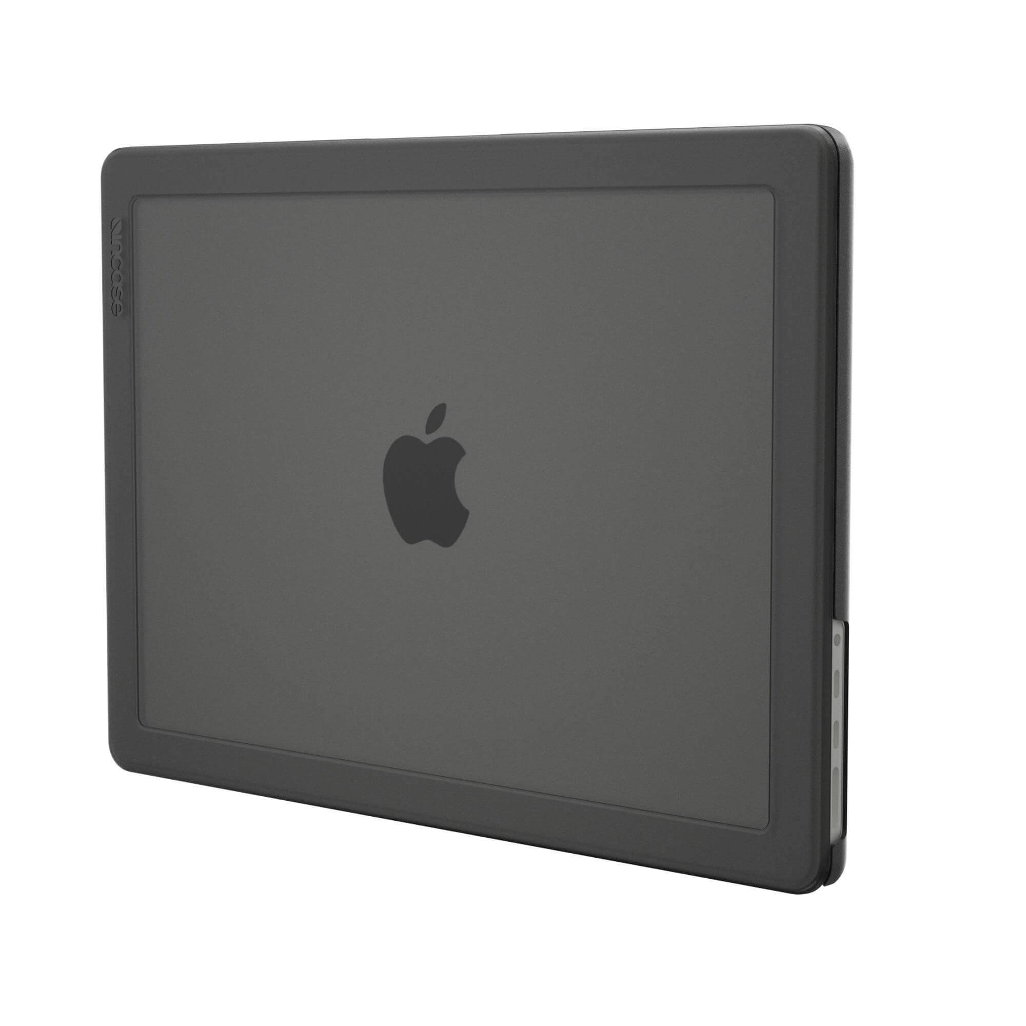 Custodia per laptop grigio scuro, logo Apple visibile. Vista dall'alto.