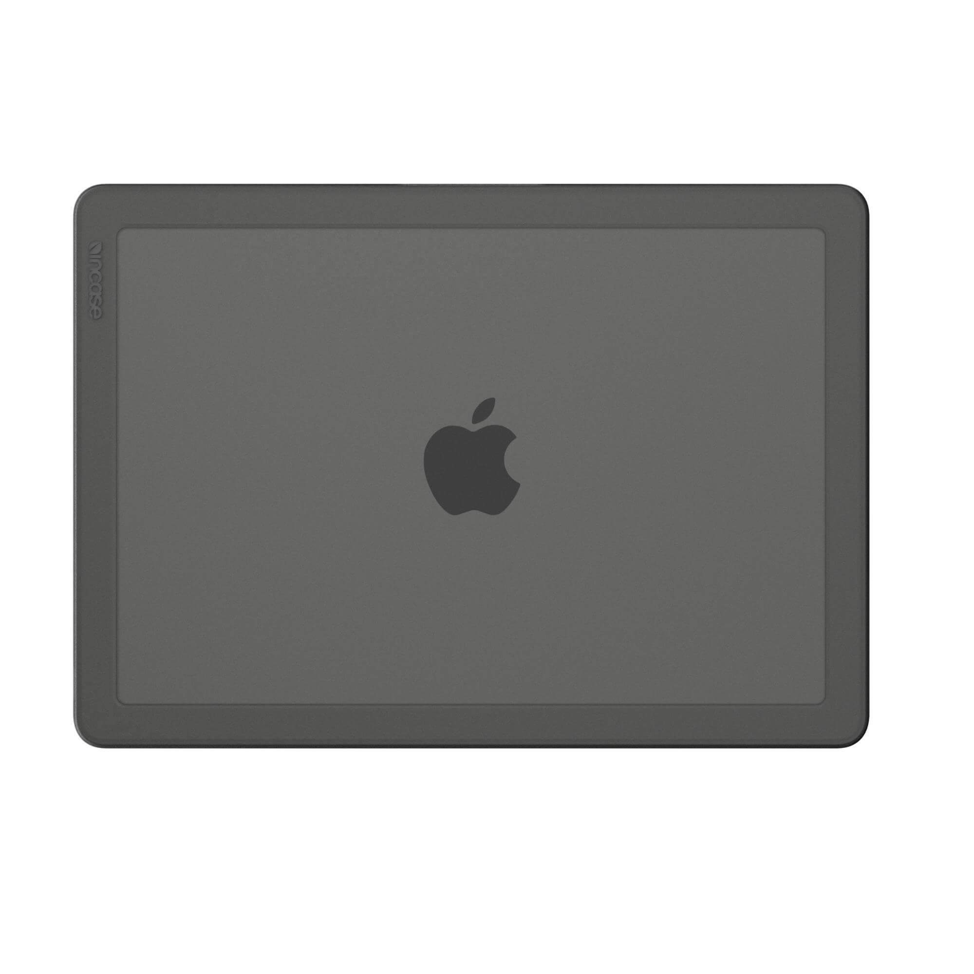 Draufsicht auf eine graue Laptop-Hülle mit dem Apple-Logo.