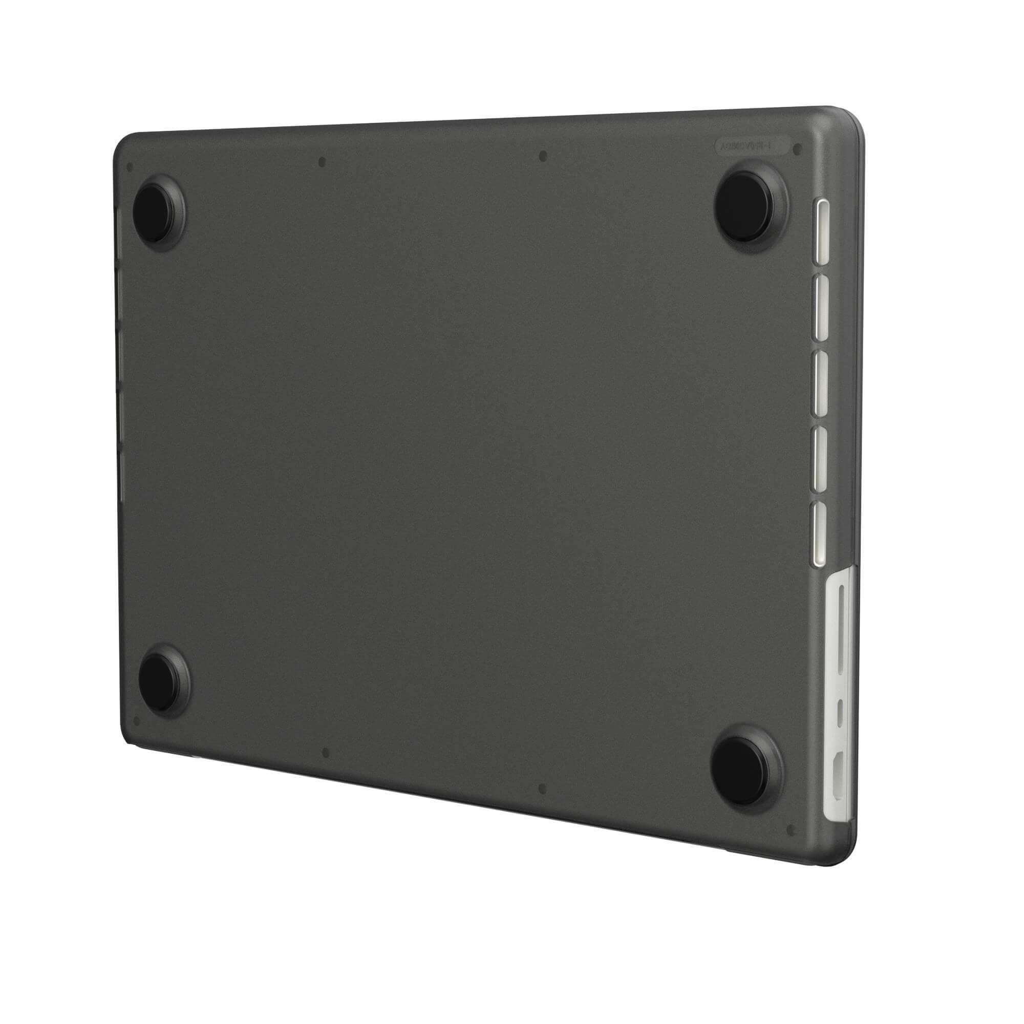 Custodia per laptop grigio scuro, vista inferiore. Quattro piedini neri visibili.