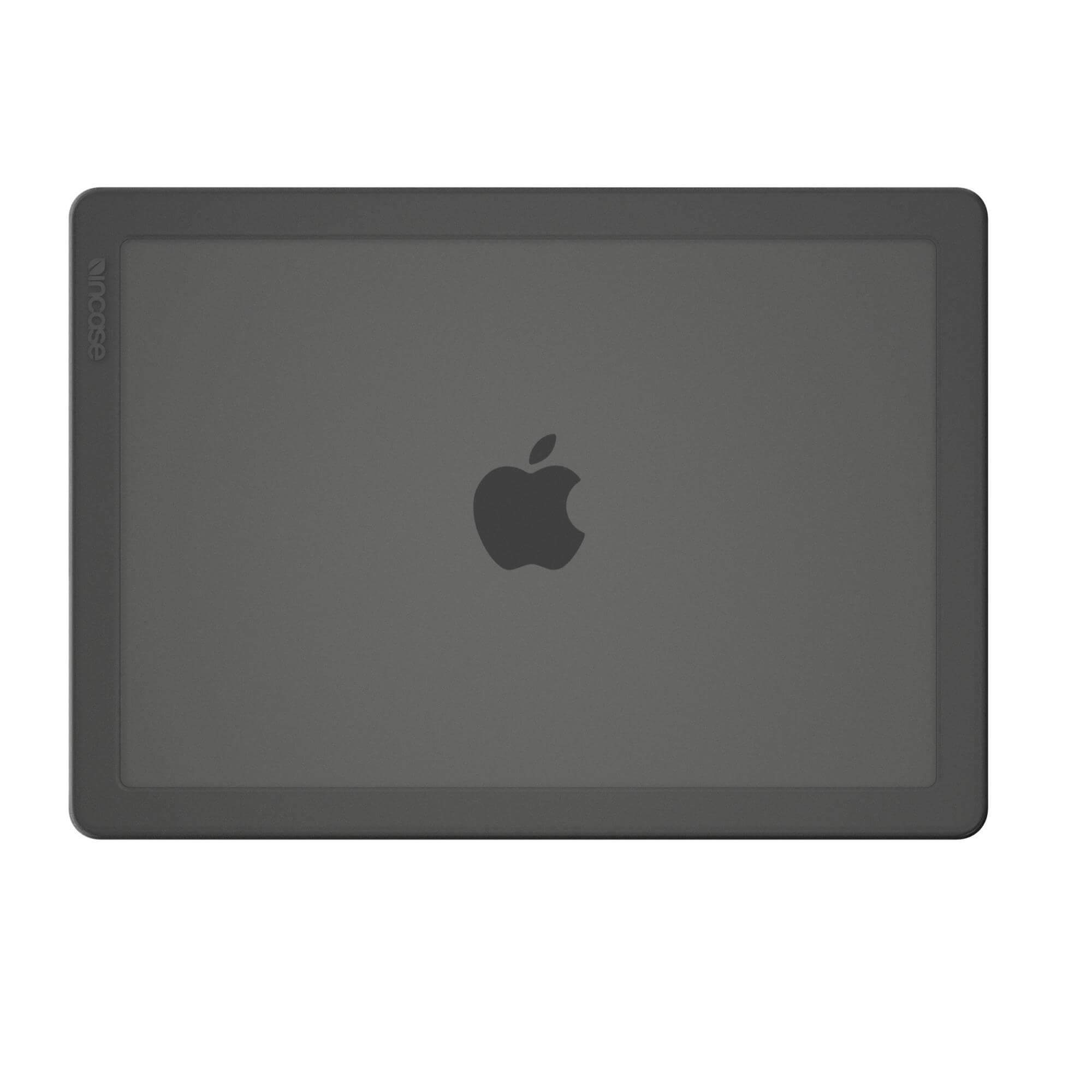 Custodia per laptop grigio scuro con logo Apple. Vista dall'alto.