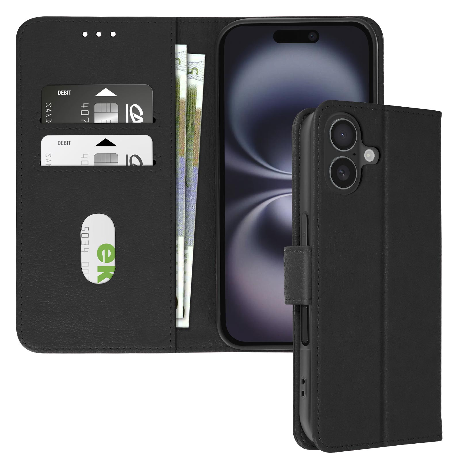 Custodia per telefono nera con un telefono all'interno, carte di credito e di debito e contanti.