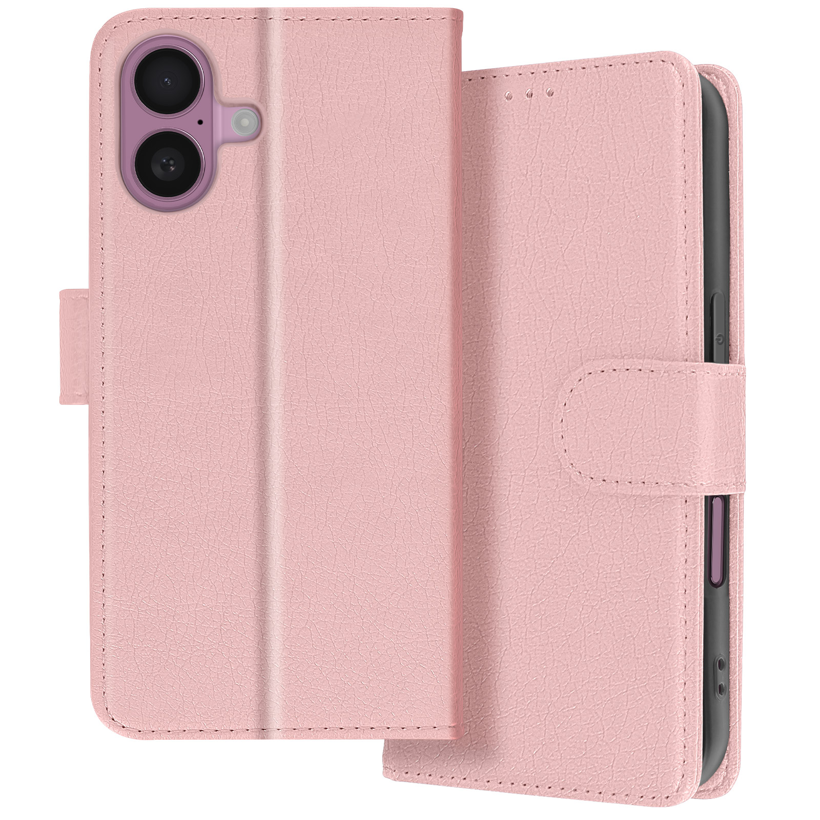 Custodia per telefono rosa aperta, in mano a una persona. La custodia è davanti.