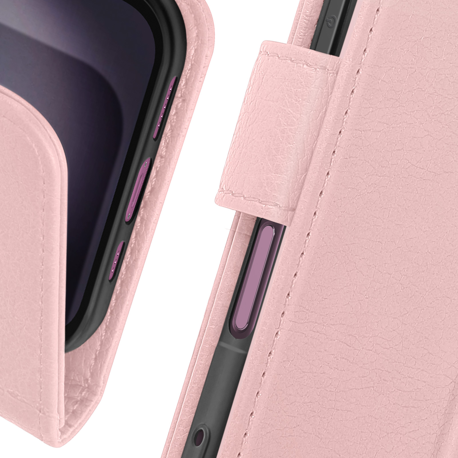 Primo piano di una custodia per telefono in pelle rosa. La custodia è chiusa e ha una chiusura.