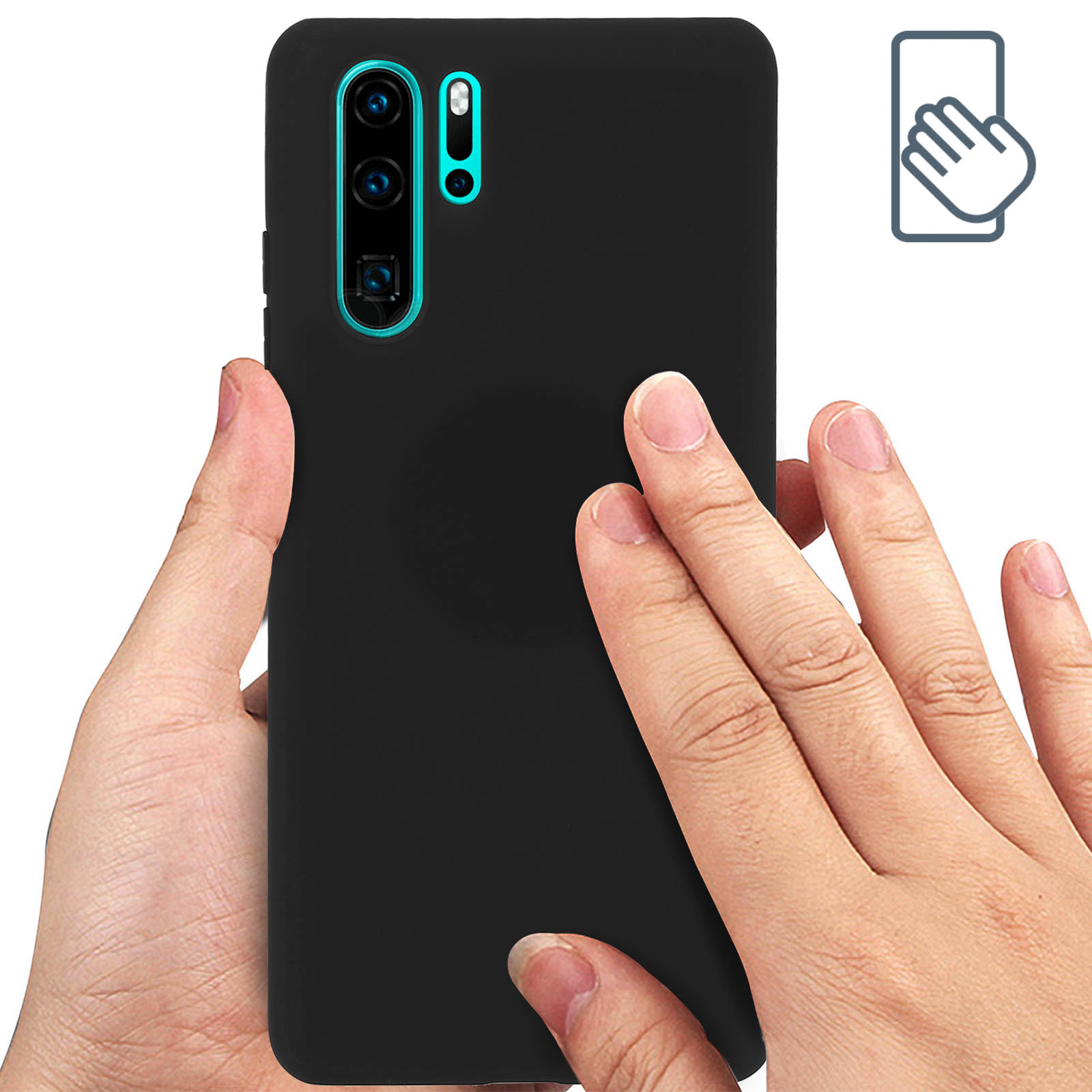 Mani che tengono una custodia nera per telefono, che mostra la fotocamera del telefono. Viene mostrato un gesto tattile.
