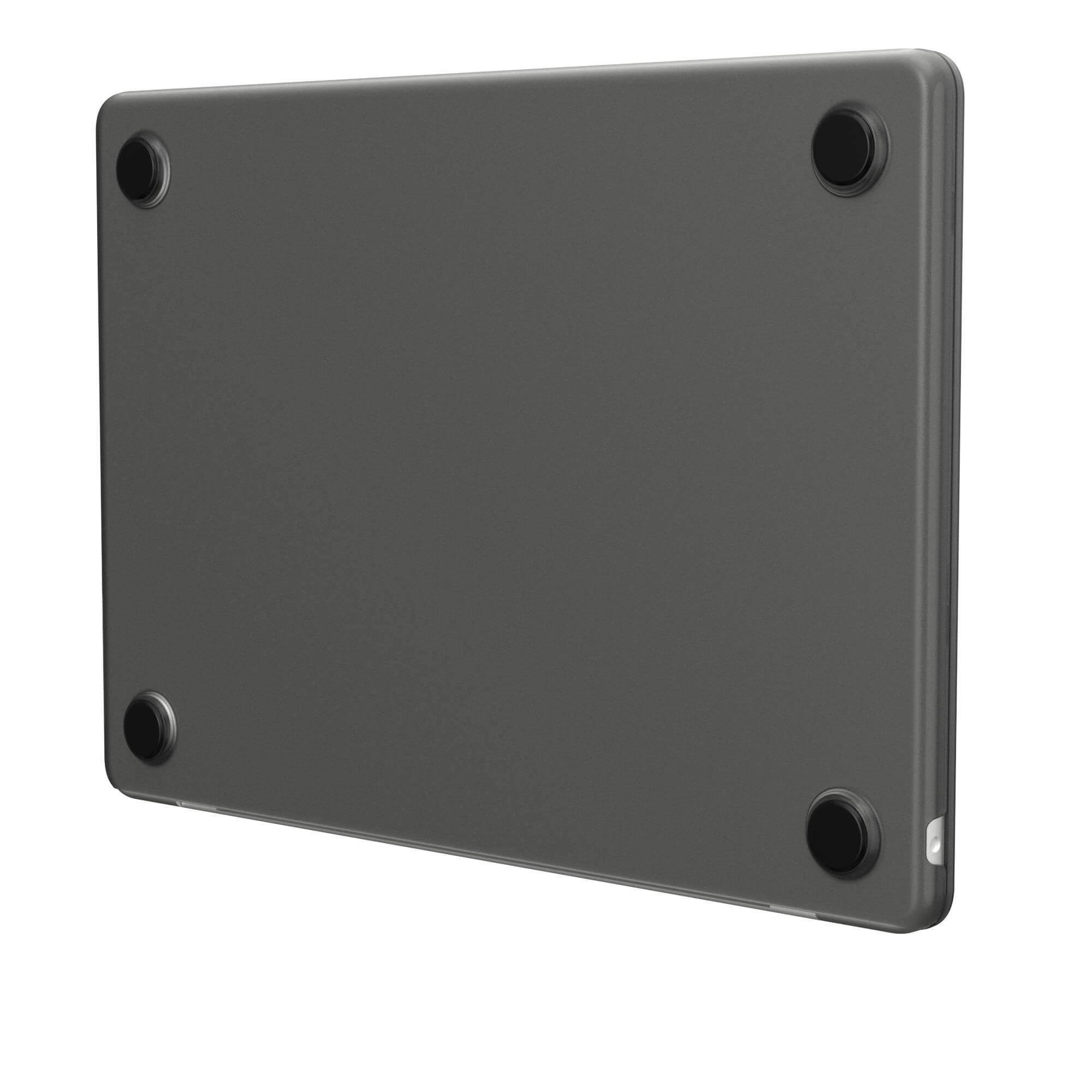 Un étui de téléphone gris foncé avec des pieds en caoutchouc noirs à l'arrière. L'étui est plat.