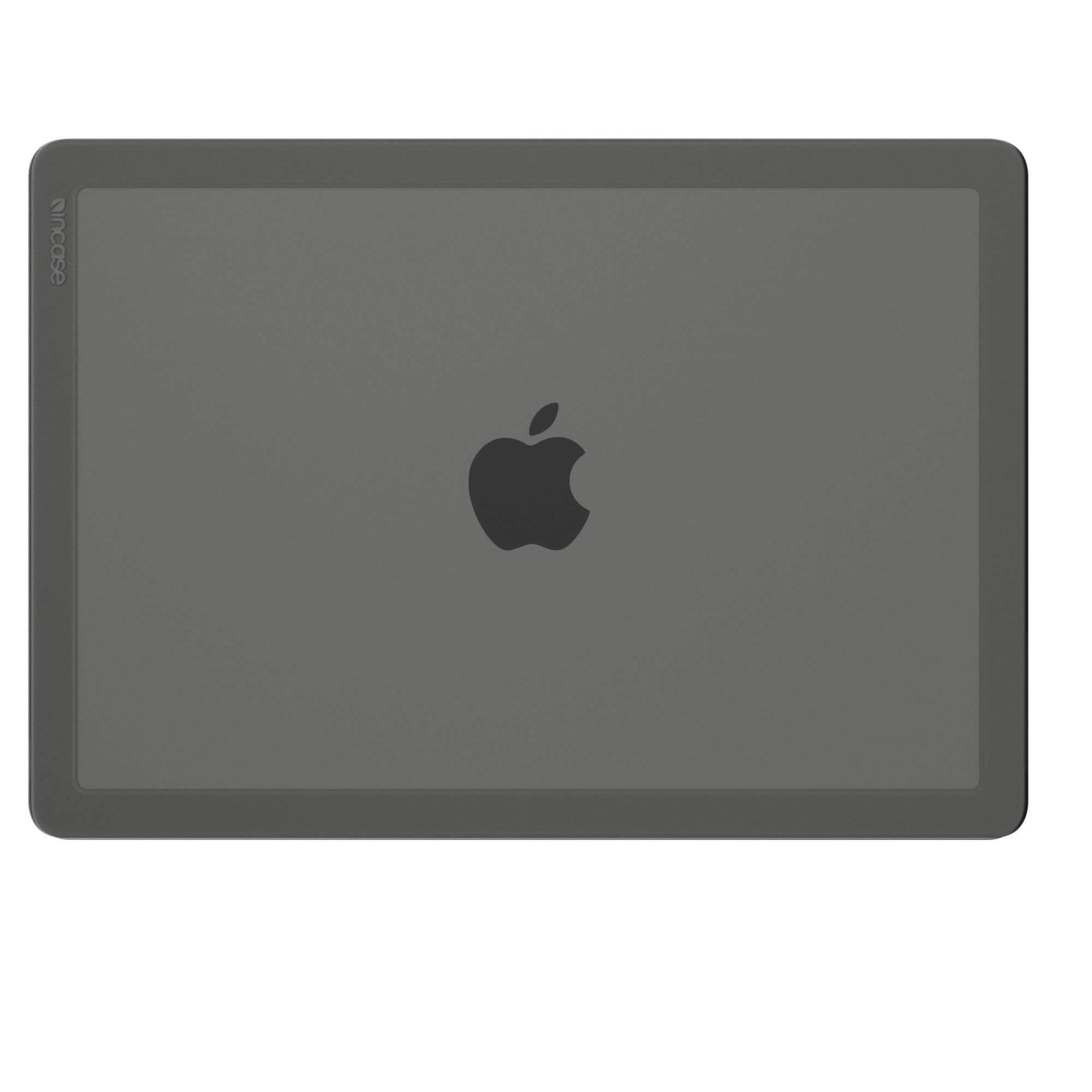 Étui gris pour ordinateur portable avec logo Apple sur une surface blanche.