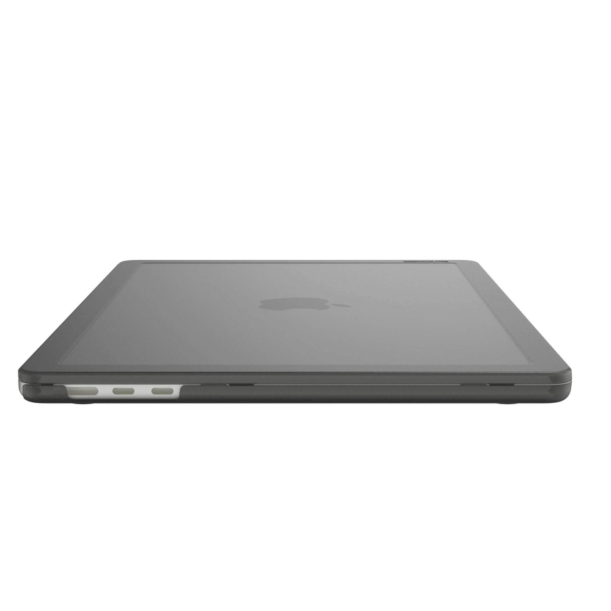 Coque d'iPad grise avec logo Apple, sur une surface blanche.