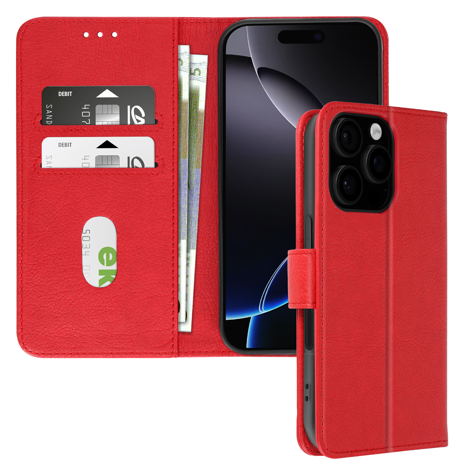 Una custodia a portafoglio rossa per telefono. La custodia è aperta, mostrando un telefono, carte e denaro. La custodia ha una chiusura magnetica.