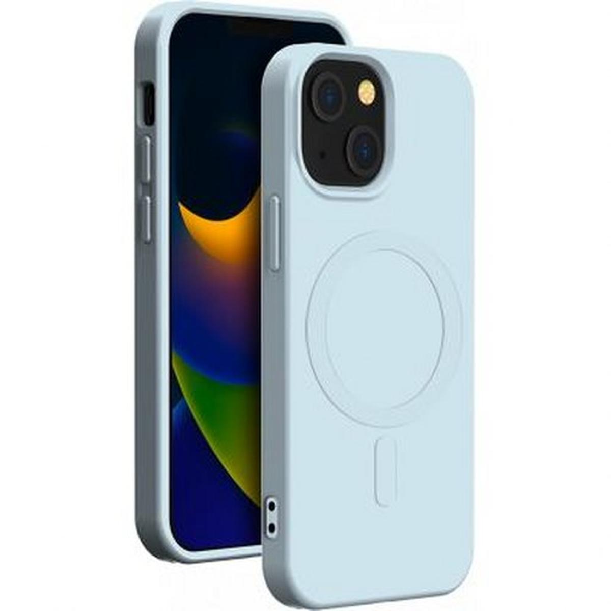 Due custodie per telefono azzurro chiaro su sfondo bianco. Una custodia è su un telefono. Il telefono è di colore azzurro chiaro.
