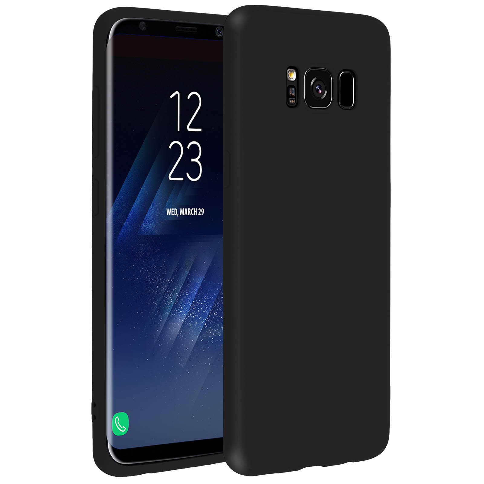 Schwarzes Telefon in einer schwarzen Hülle. Der Bildschirm ist sichtbar. Weißer Hintergrund.