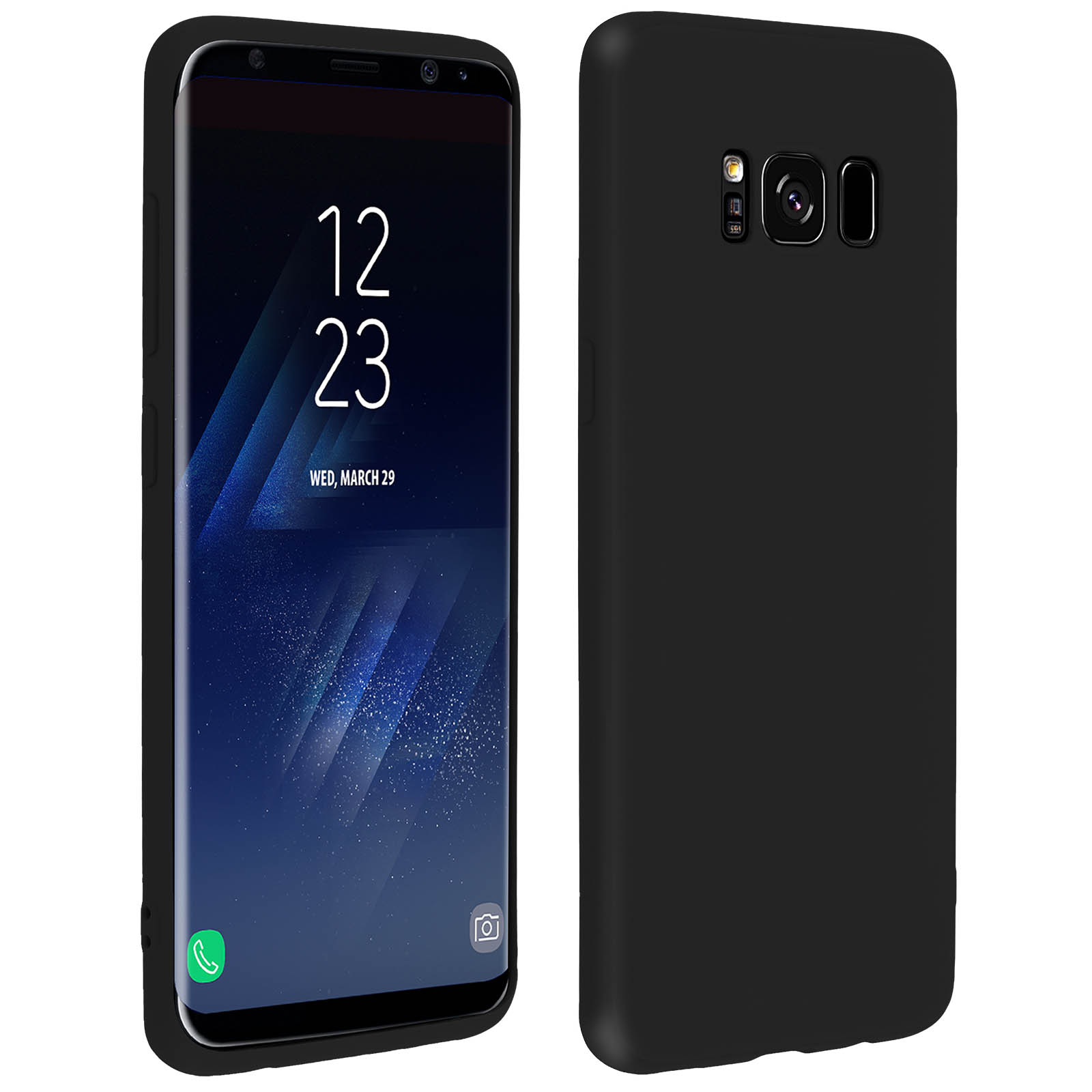 Schwarzes Telefon, Vorder- und Rückansicht auf weißem Hintergrund.