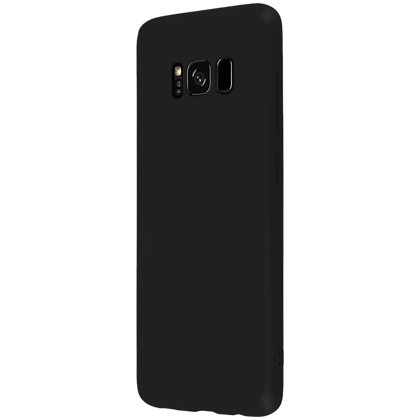 Schwarzes Telefon, Rückansicht, in schwarzer Hülle. Weißer Hintergrund.