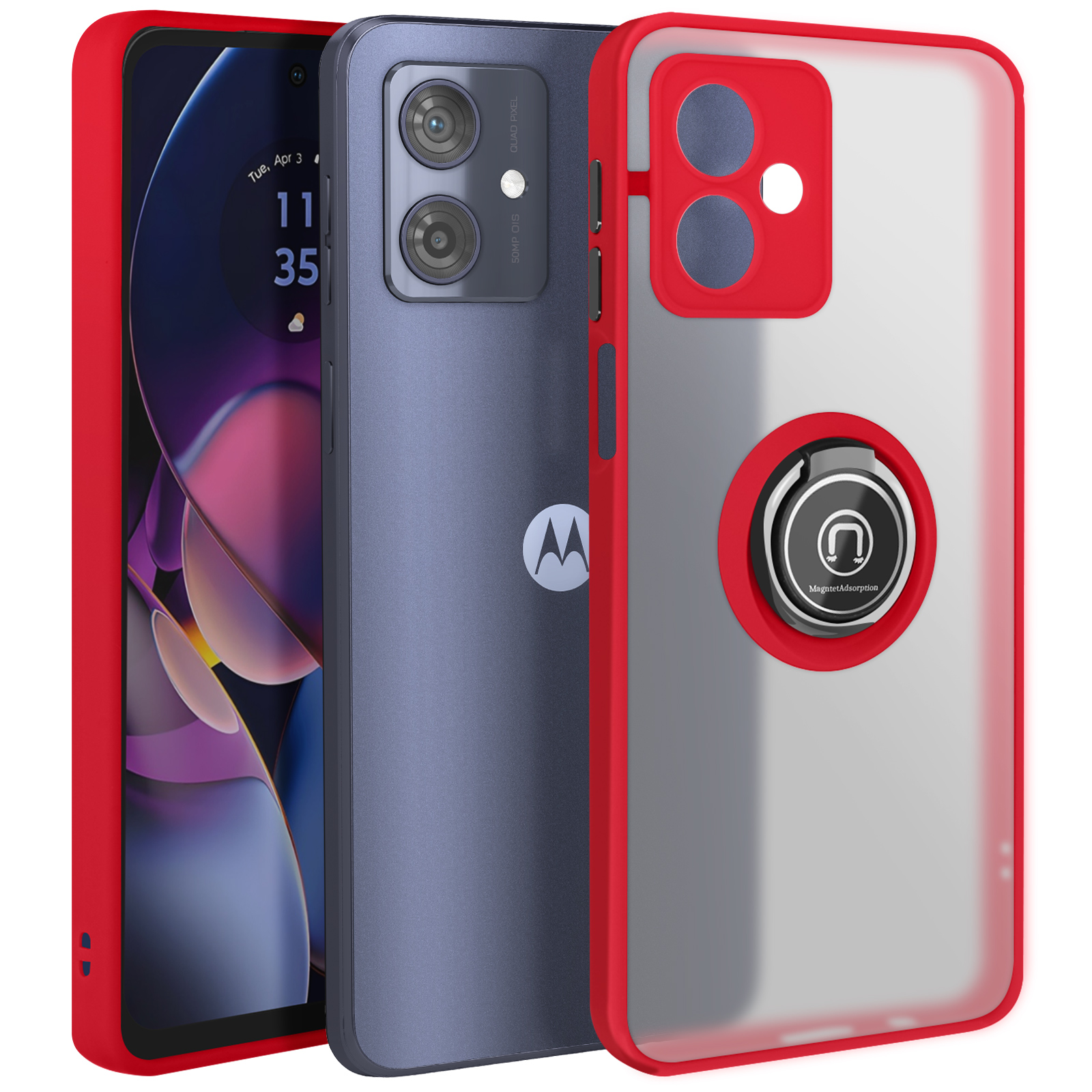Un telefono con custodia rossa e trasparente. La custodia ha un anello. Un altro telefono.