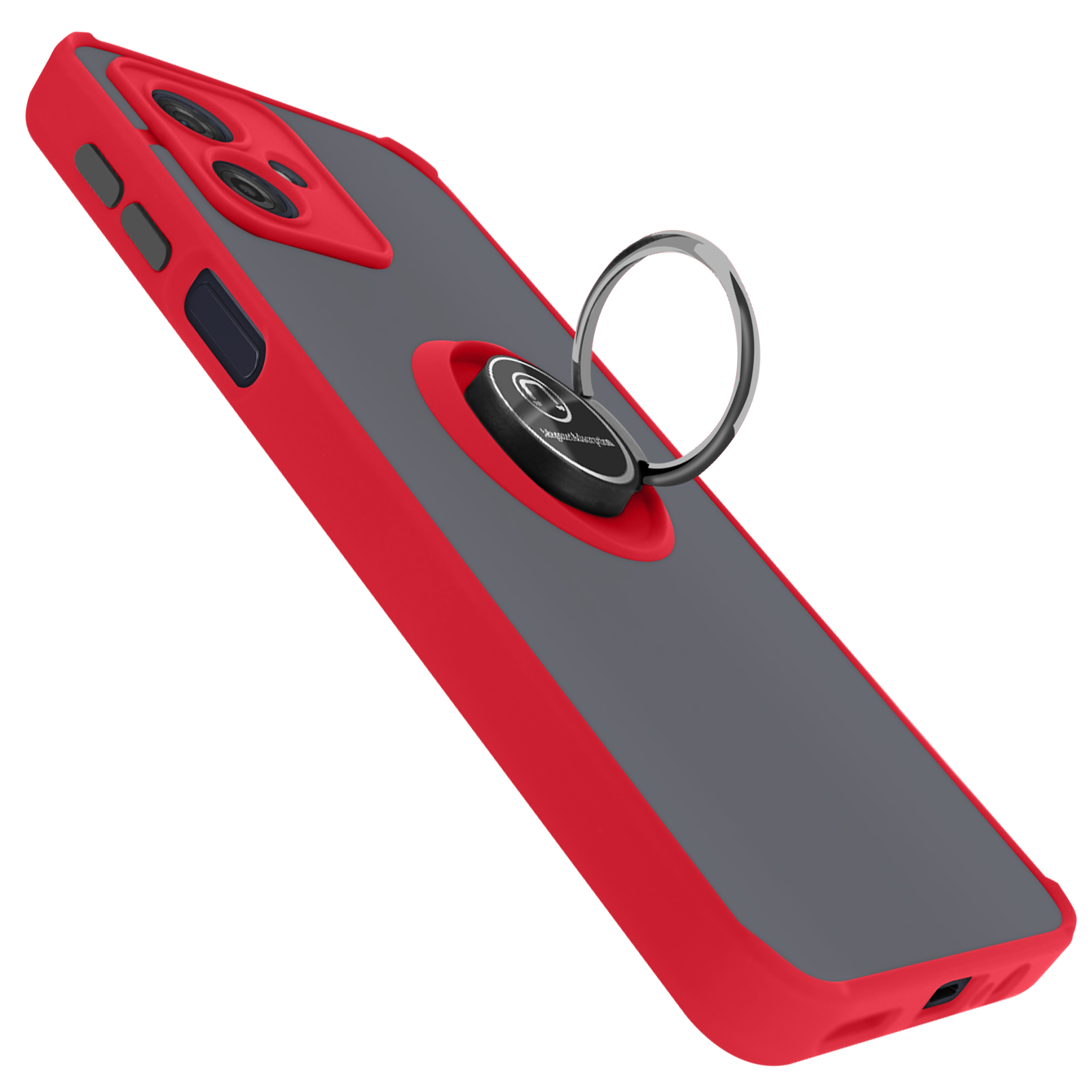 Custodia per telefono rossa e grigia con anello. Il telefono è angolato, mostrando il retro.