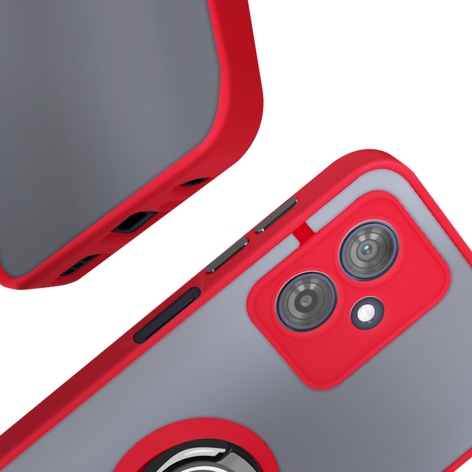 Custodia per telefono rossa e grigia. Un anello rosso intorno alla fotocamera.