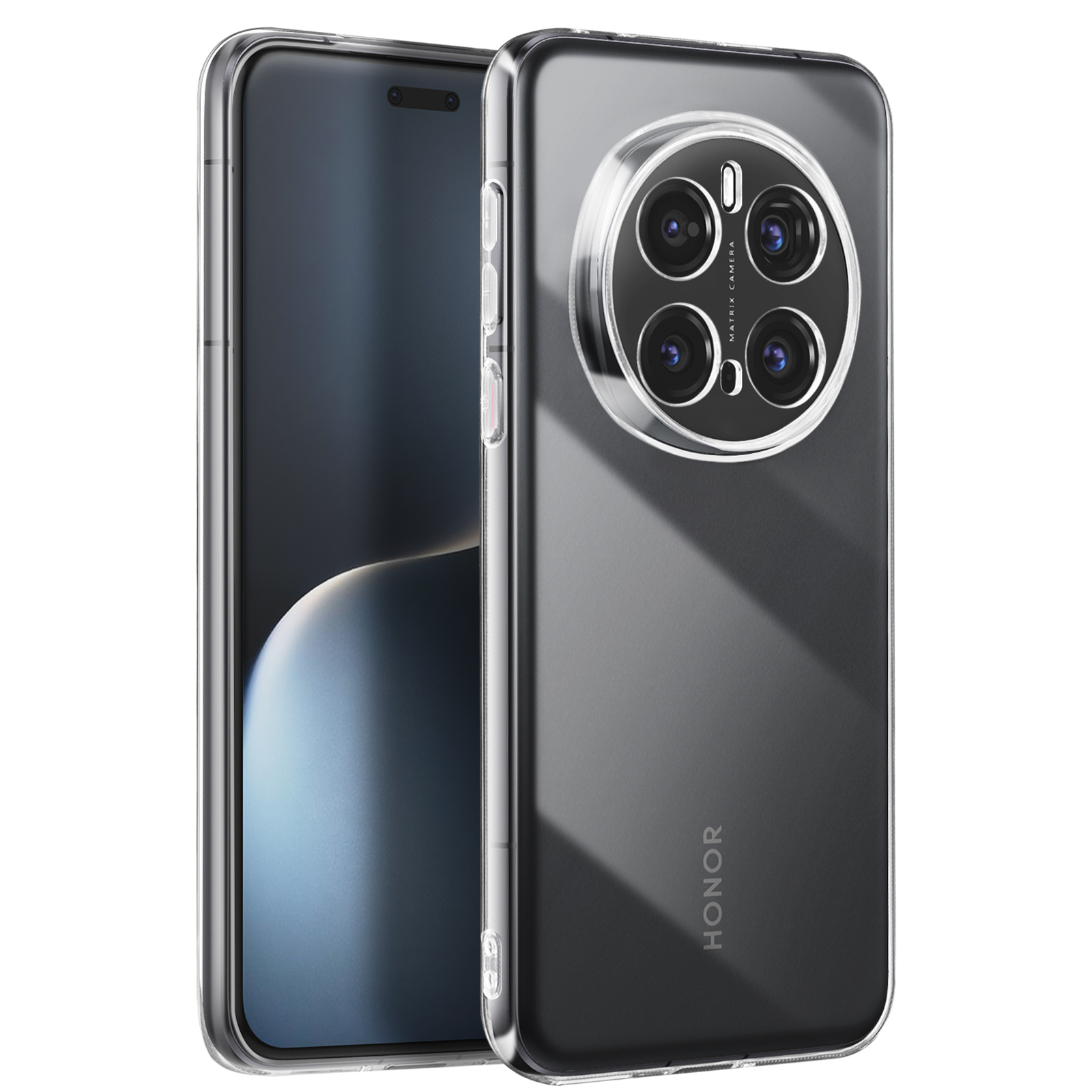 Custodia trasparente su un telefono. Ha un retro trasparente e un design a quattro lenti.