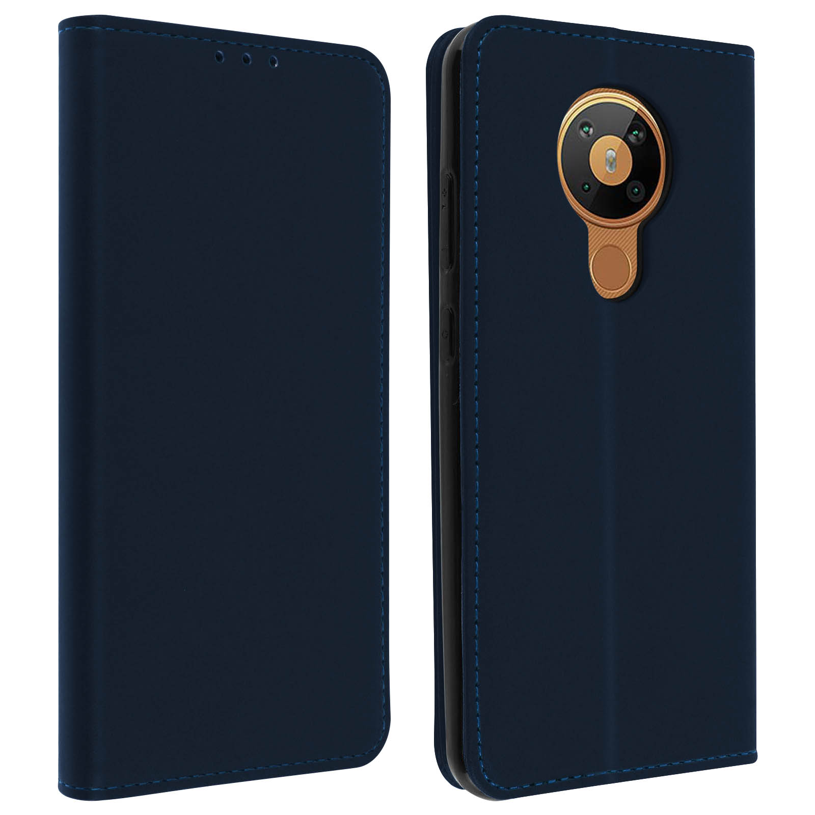 Custodia blu con telefono all'interno. La custodia è aperta, mostrando lo schermo.
