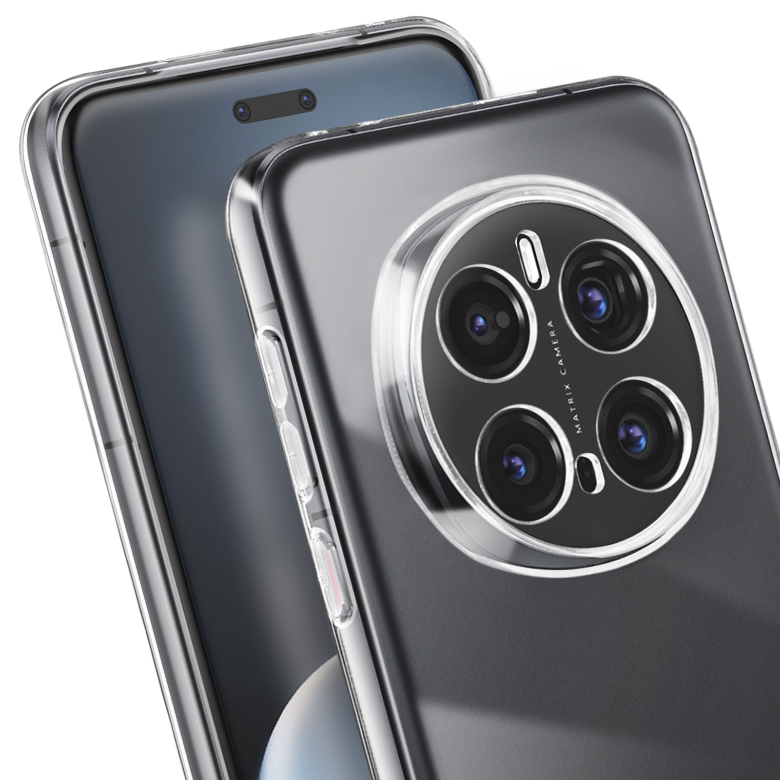 Custodia trasparente su un telefono. Materiale trasparente, lenti della fotocamera visibili.