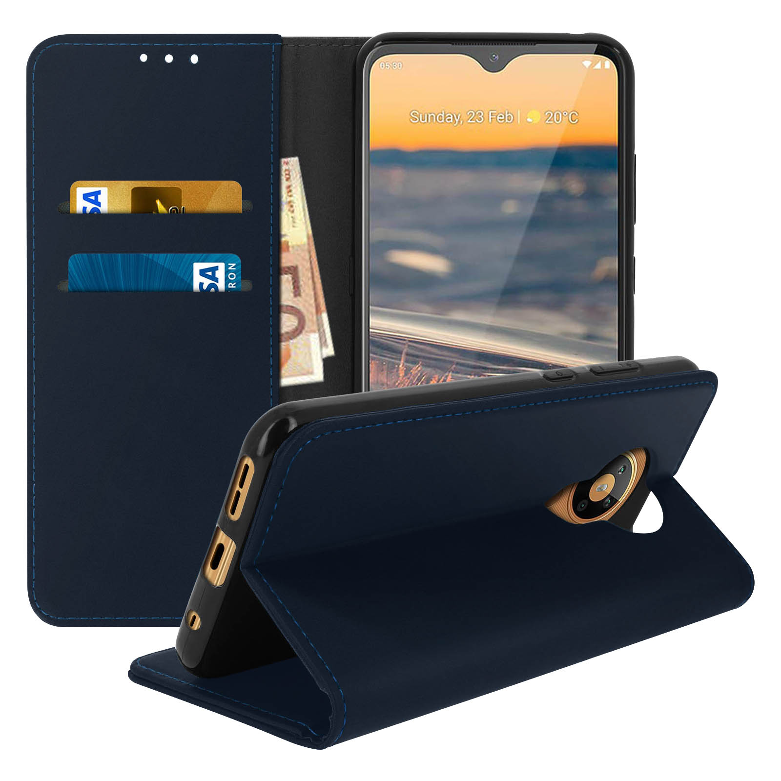 Custodia blu con slot per carte e telefono che mostra un'app calendario. Custodia aperta.