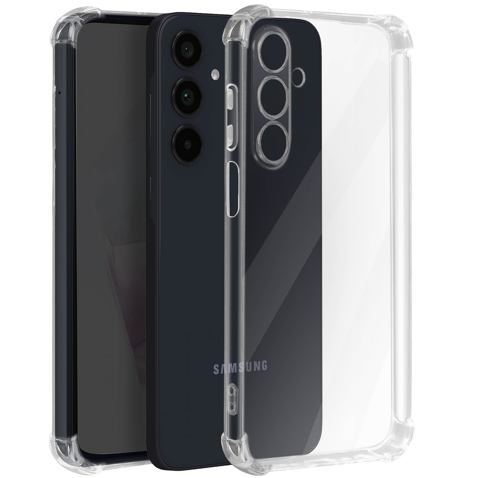 Custodia trasparente su un telefono nero. Samsung è stampato sul retro del telefono.