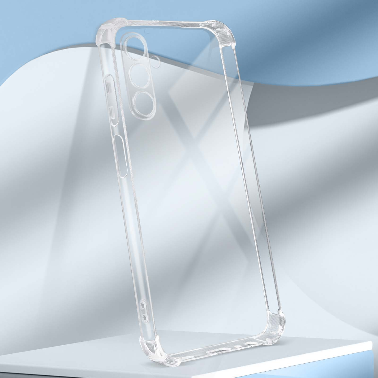 Custodia trasparente per telefono in piedi. La custodia è trasparente e mostra uno sfondo blu.