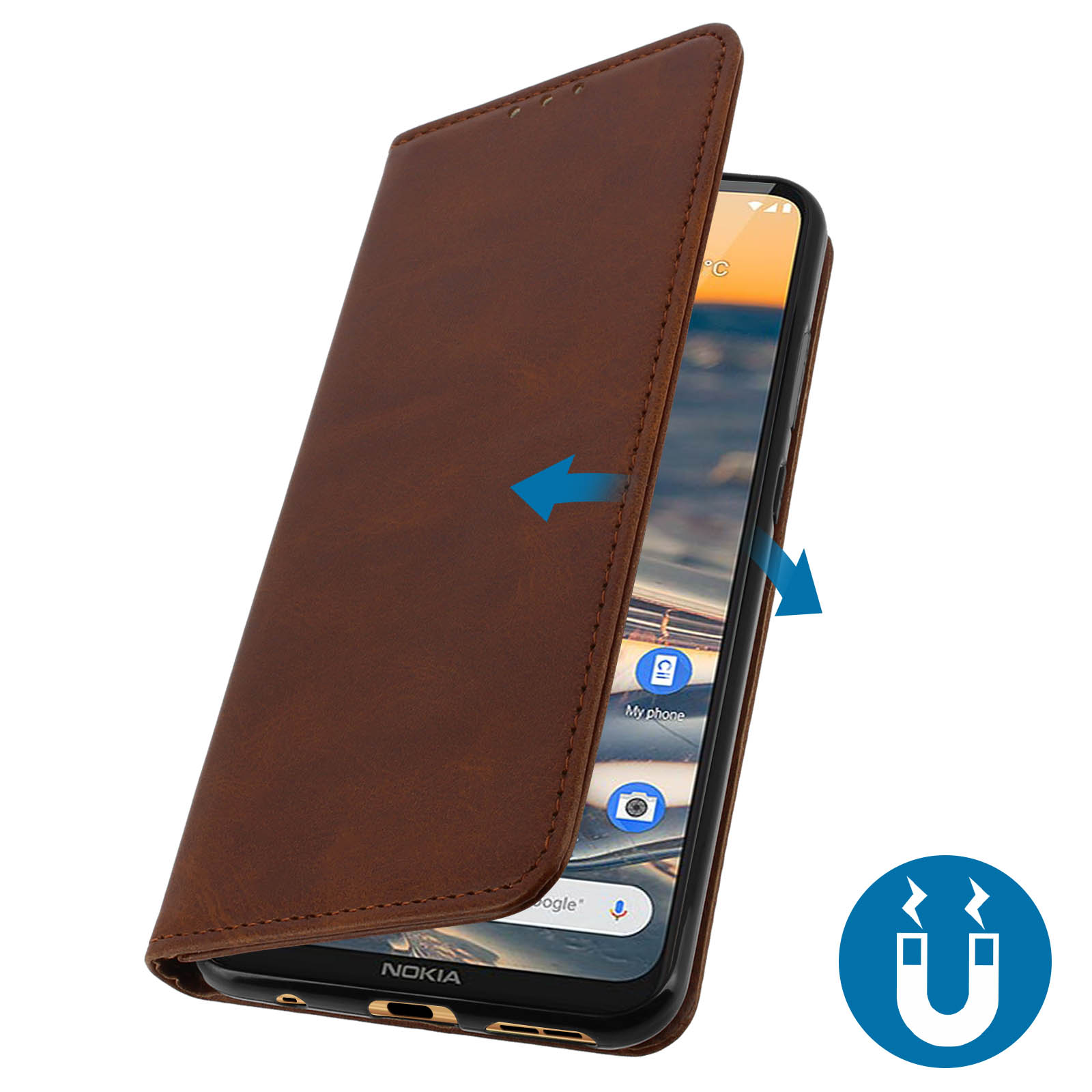 Una custodia per telefono è aperta, con frecce blu che indicano la funzione di chiusura magnetica.