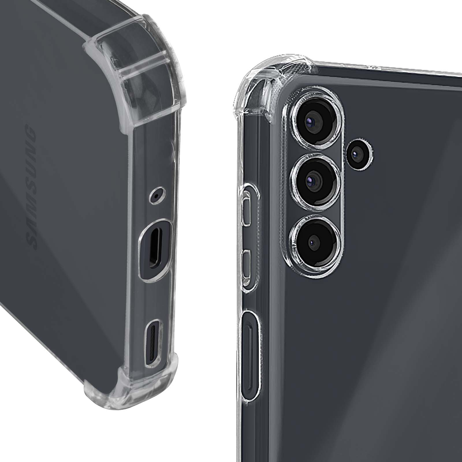 Custodia trasparente per telefono con un telefono scuro all'interno. La custodia mostra il design del telefono.