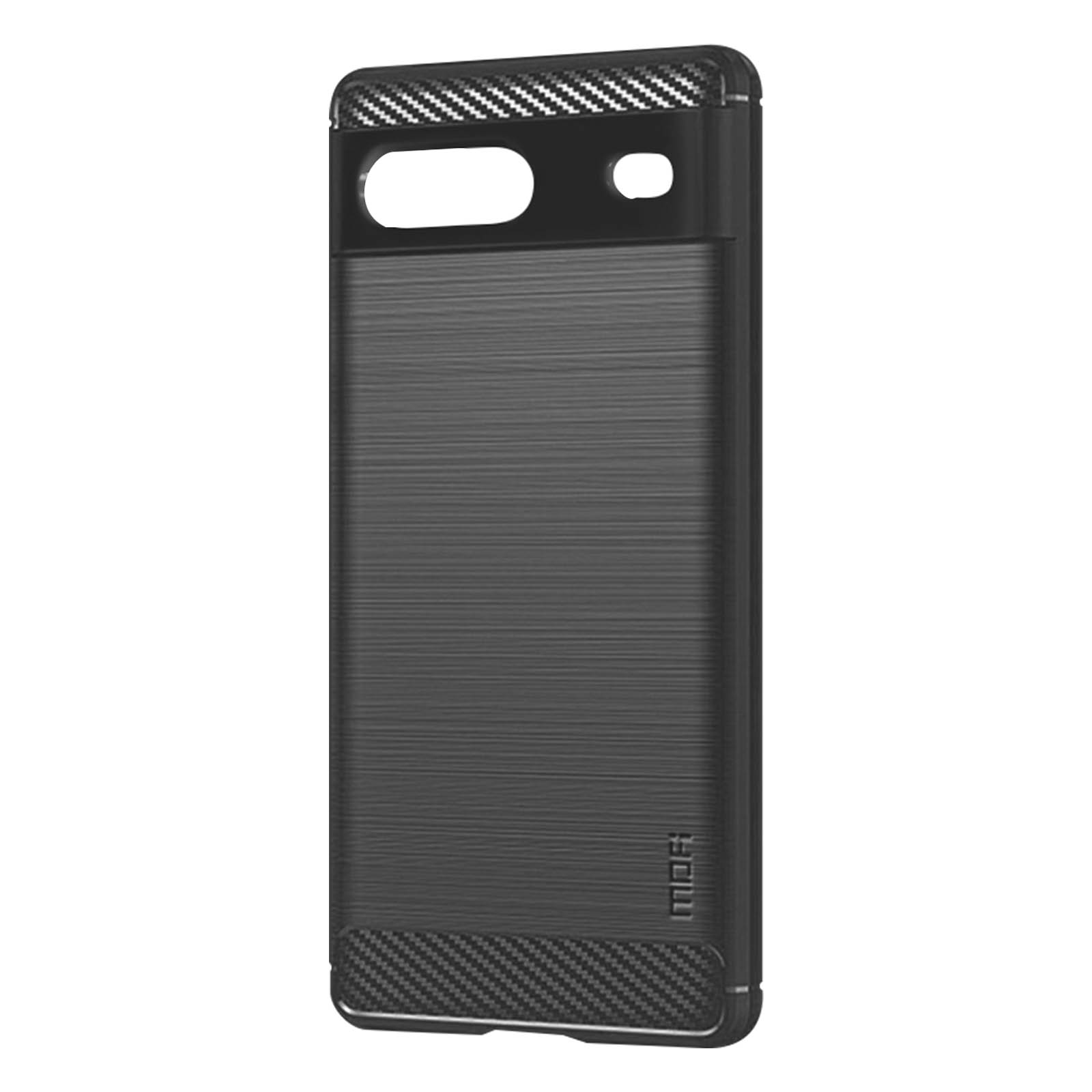 Zwarte telefoonhoes met een textuurafwerking en accenten van koolstofvezel. De hoes ligt op een oppervlak.