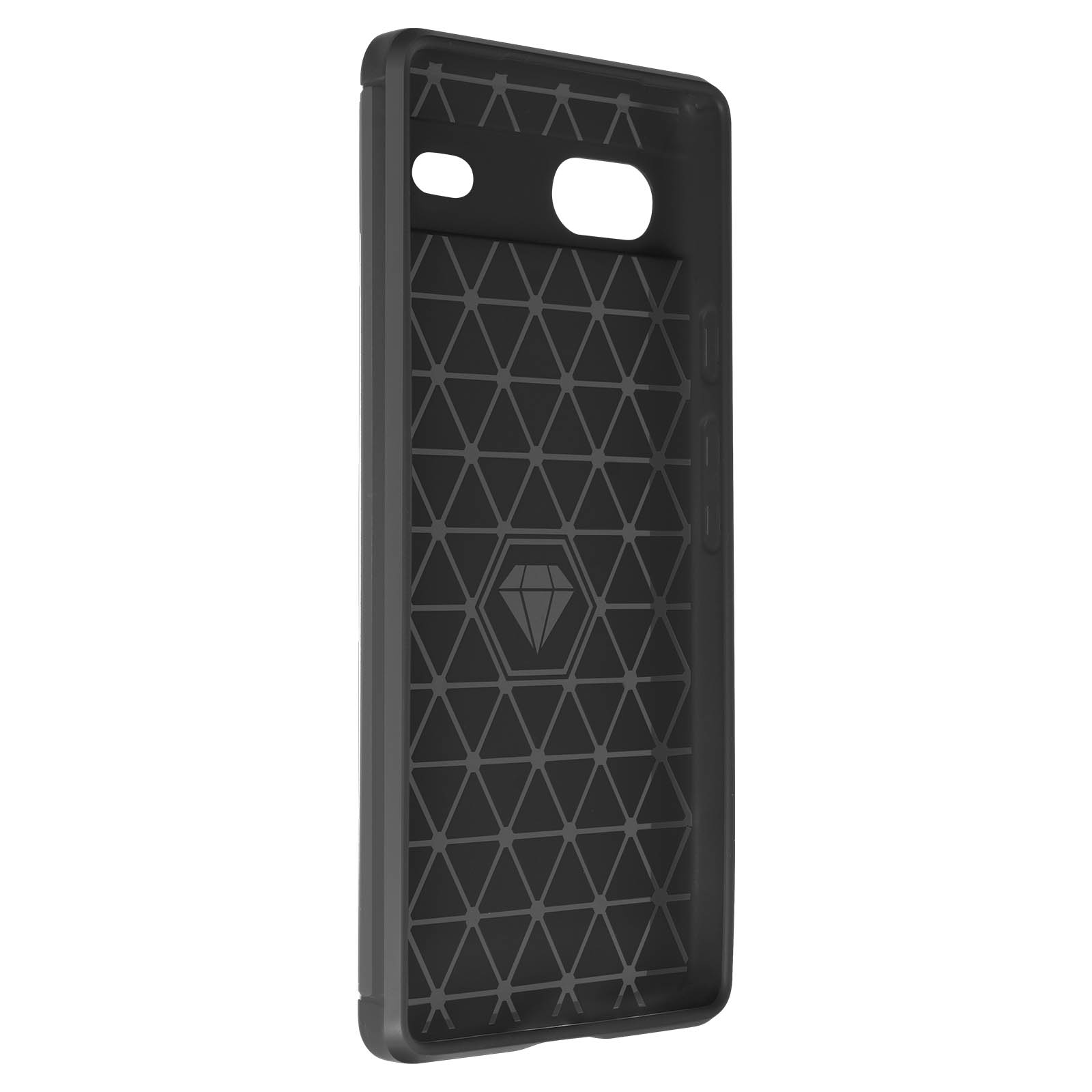 Een zwarte telefoonhoes met een diamantlogo en een gestructureerd binnenoppervlak.